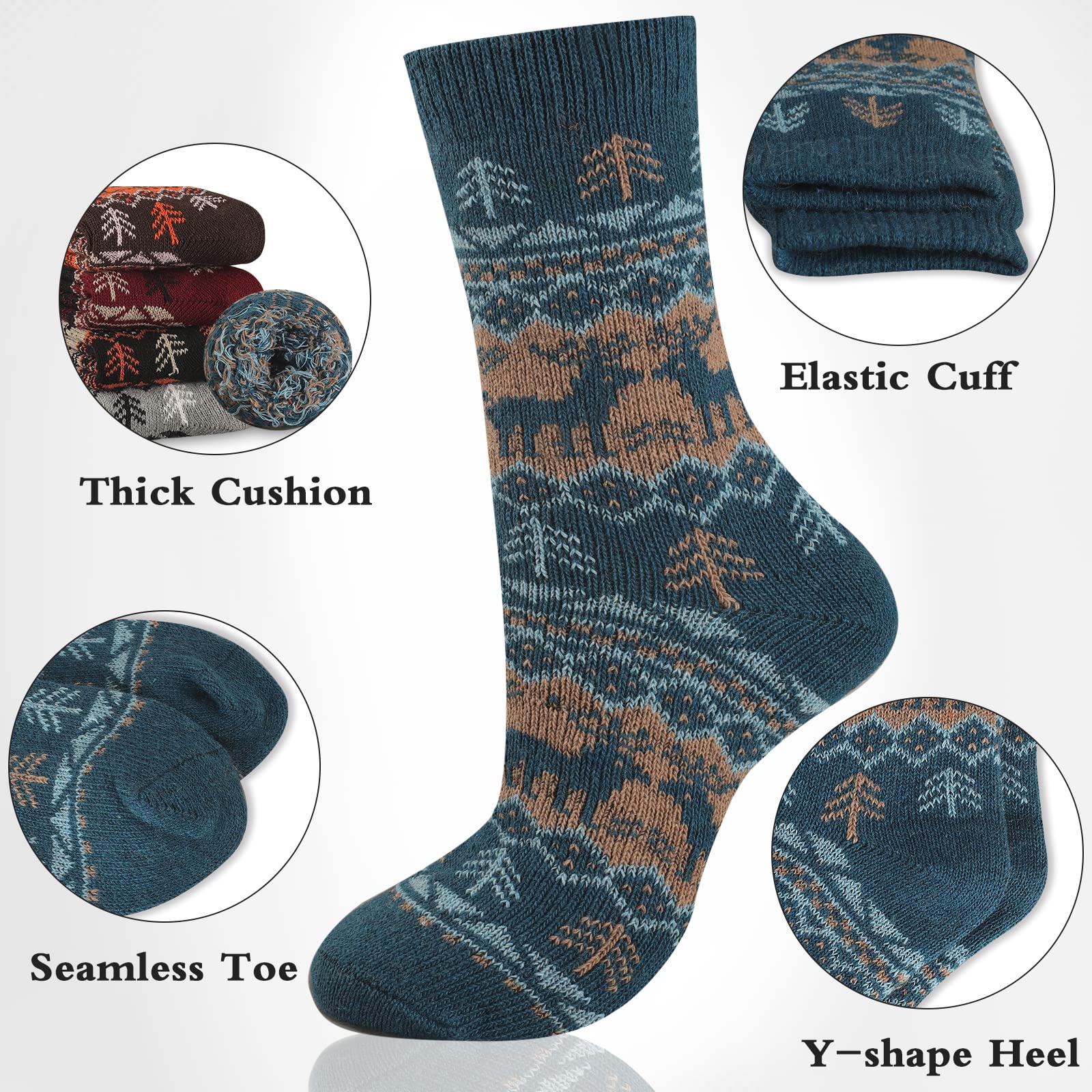 Heatuff Men's Thick Wool Socks - Thermal Winter Crew Socks (5 Pairs, Multicolor) for Hiking, Skiing & Cold Weather Outdoor Activities