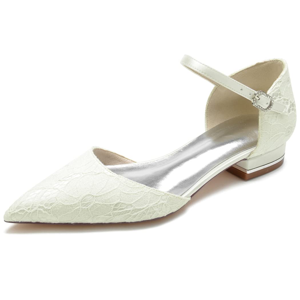 2.5 cm Women's Pointed Toe Satin Lace Ballet Flats with Ankle Strap - Comfortable Dress Shoes for Evening, Bridal Party, Wedding & Casual Wear (Ivory, Size 6 US)