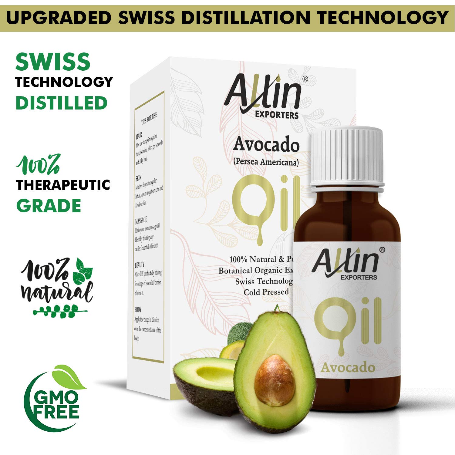 Allin Exporters 100% Pure Avocado Oil 30ml - Natural Hair, Face & Skin Moisturizer with Retinol & Vitamin E - Reduces Wrinkles, Dryness & Signs of Aging - Perfect for Night Care, Massage & DIY Beauty Recipes