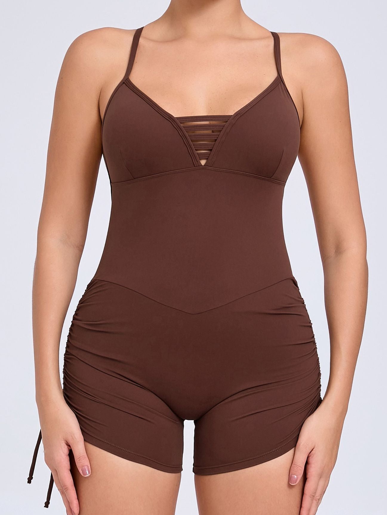 ZASUWA Women's V-Neck Cross Back Scrunch Bum Drawstring Romper Jumpsuit - Sexy Summer Outfit for Beach, Pool Party & Vacation