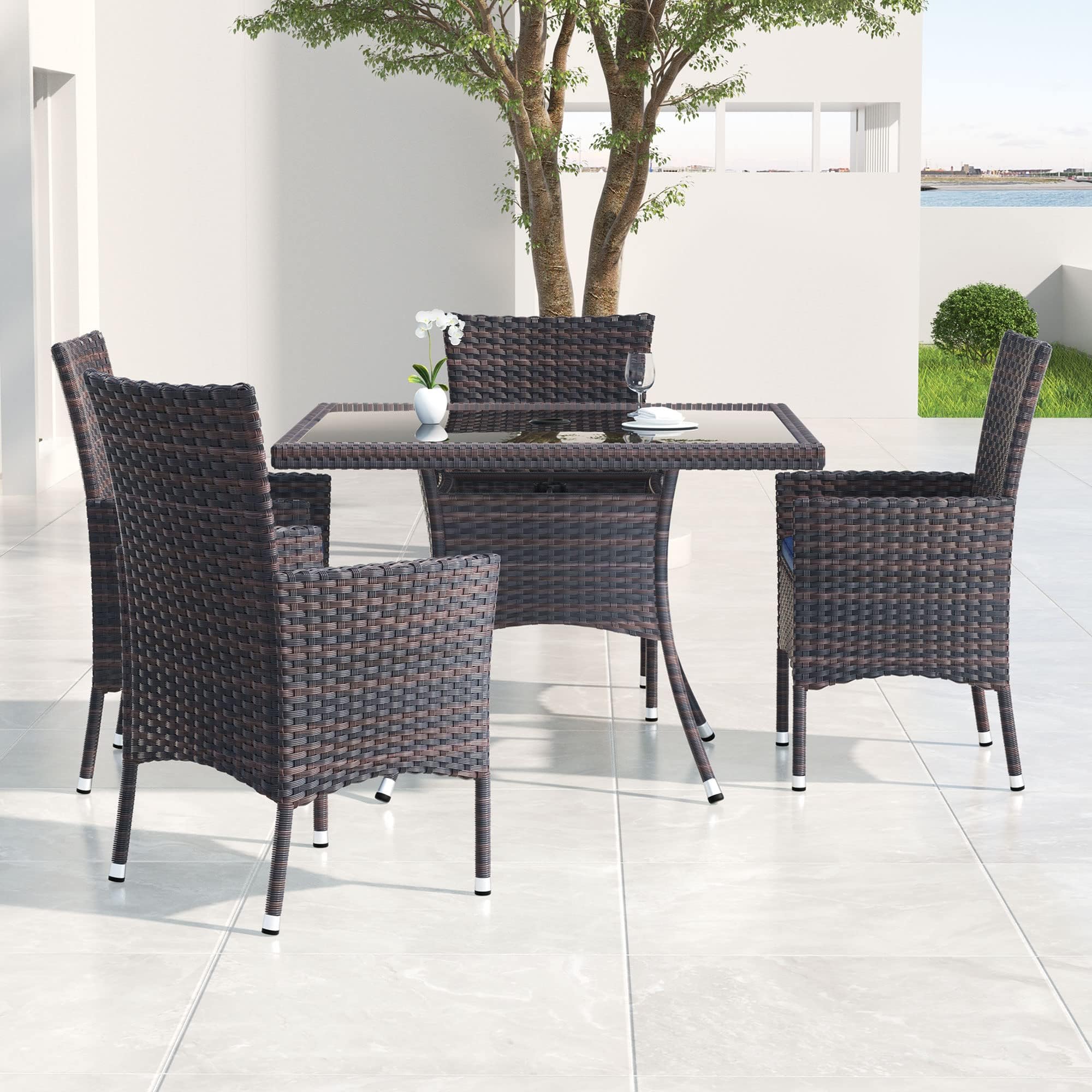 Premium 15-Piece Outdoor Dining Set - All-Weather Rattan Patio Furniture with 12 Chairs & Cushions, Square Tempered Glass Table with Umbrella Hole - Perfect for Backyard, Garden, Poolside & Outdoor Entertaining