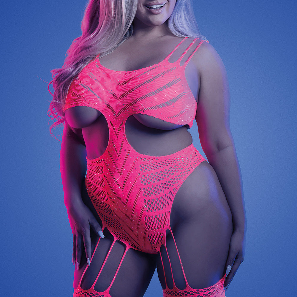Fantasy Lingerie Glow Wavelength Rhinestone Cutout Bodystocking for Curvy Women - Sexy Nightwear for Valentine's Day & Special Occasions