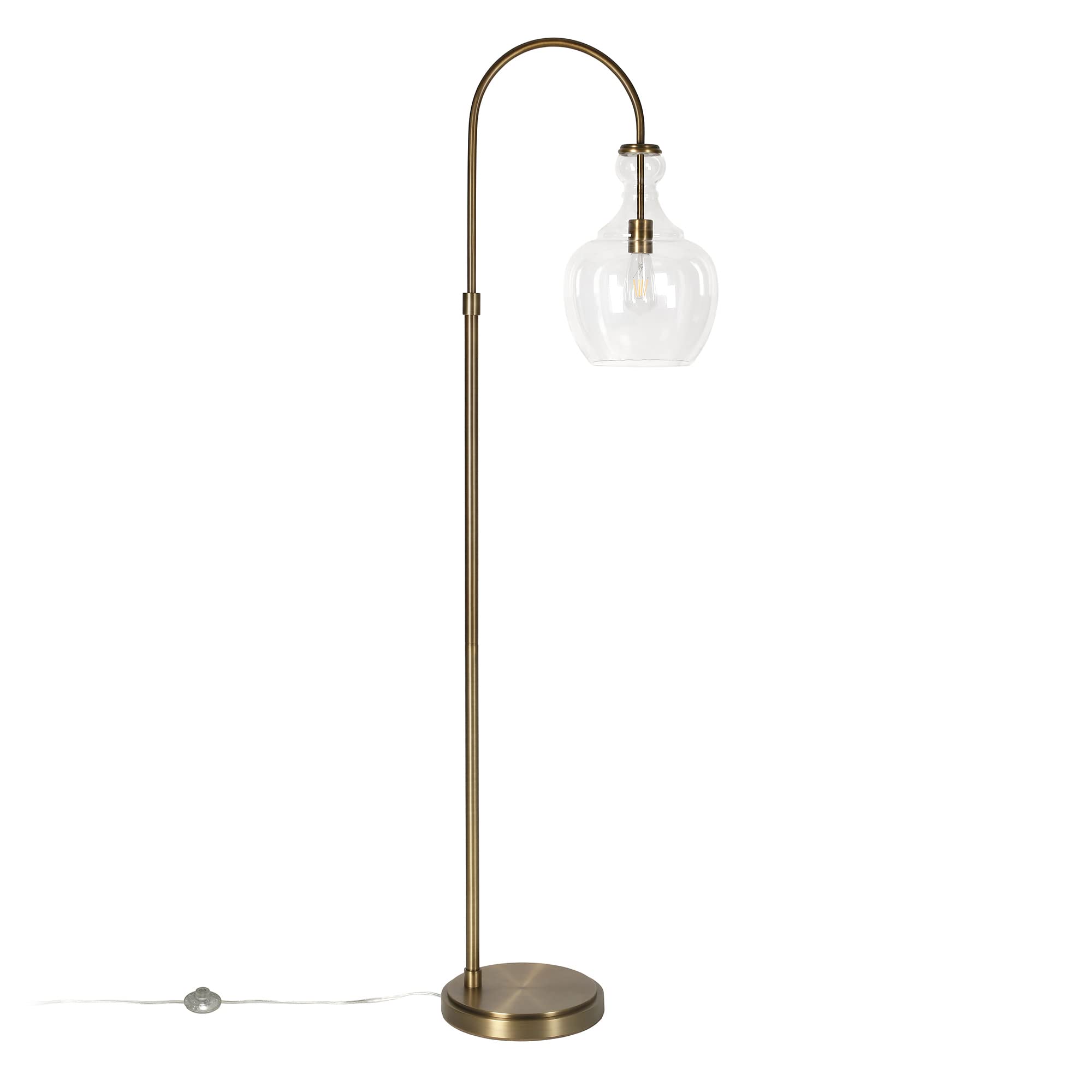 Henn&Hart Arc Floor Lamp with Glass Shade in Brass/Clear - Modern Adjustable Standing Light for Home Office, Bedroom & Living Room - Perfect for Reading, Working & Ambient Lighting