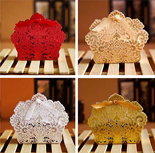 Ponatia 50-Piece Laser Cut Wedding Favor Boxes with Ribbon - Elegant Red Gift Boxes for Chocolates, Candies & Party Favors - Perfect for Weddings, Bridal Showers & Special Events