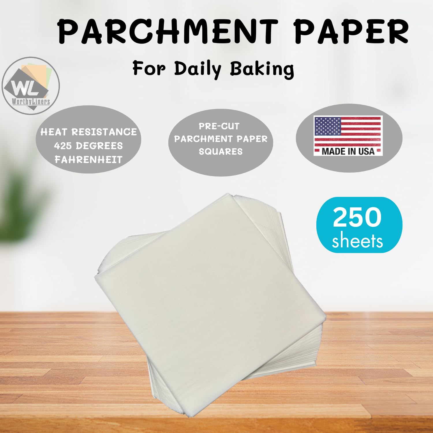 Worthy Liners 10x10 Inch 250 Sheets | Precut Parchment Paper Squares for Baking, Grilling, Air Frying & Steaming | Nonstick, Made in USA | Perfect for Cookies, Bread & More | Ideal for Home Kitchens & Professional Bakeries