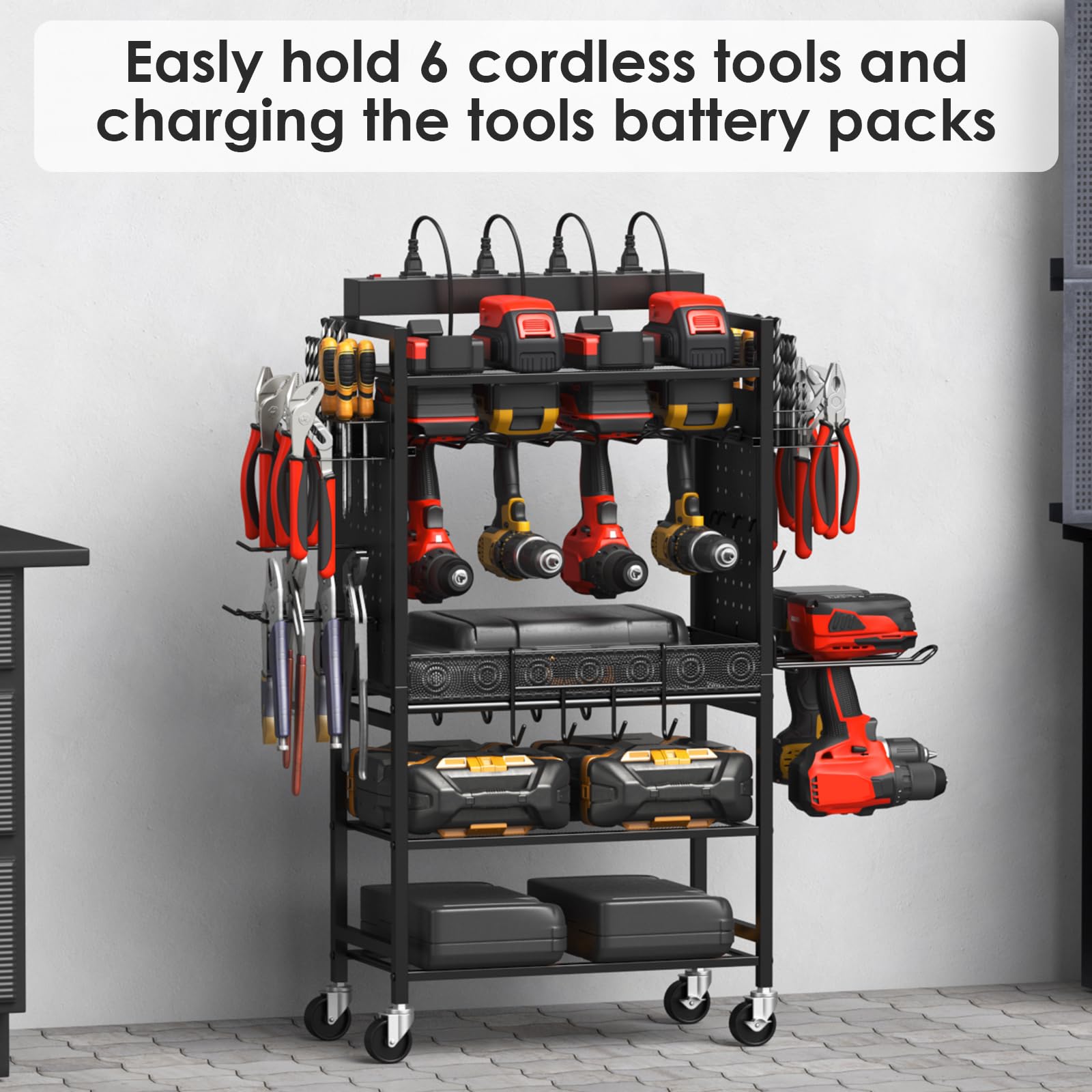 CCCEI Rolling Tool Cart with Charging Station - Mobile Garage Storage Organizer for Power Tools, Drills & Batteries - Heavy Duty Utility Cart with Wheels & Power Strip - Perfect for Mechanics, DIY Workshops & Home Garage Organization (Black)