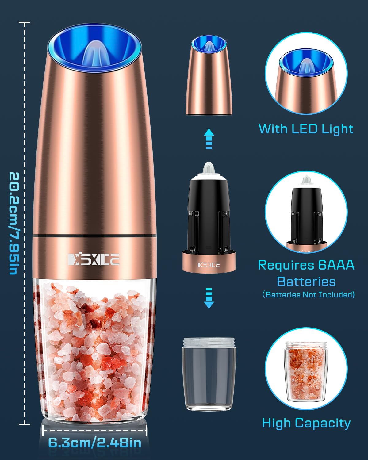 Premium Automatic Electric Pepper and Salt Grinder Set - Stainless Steel Adjustable Coarseness Mill with Blue LED Light, One-Hand Operation - Perfect for Kitchen, Dining Table, BBQ, Camping & Gifting
