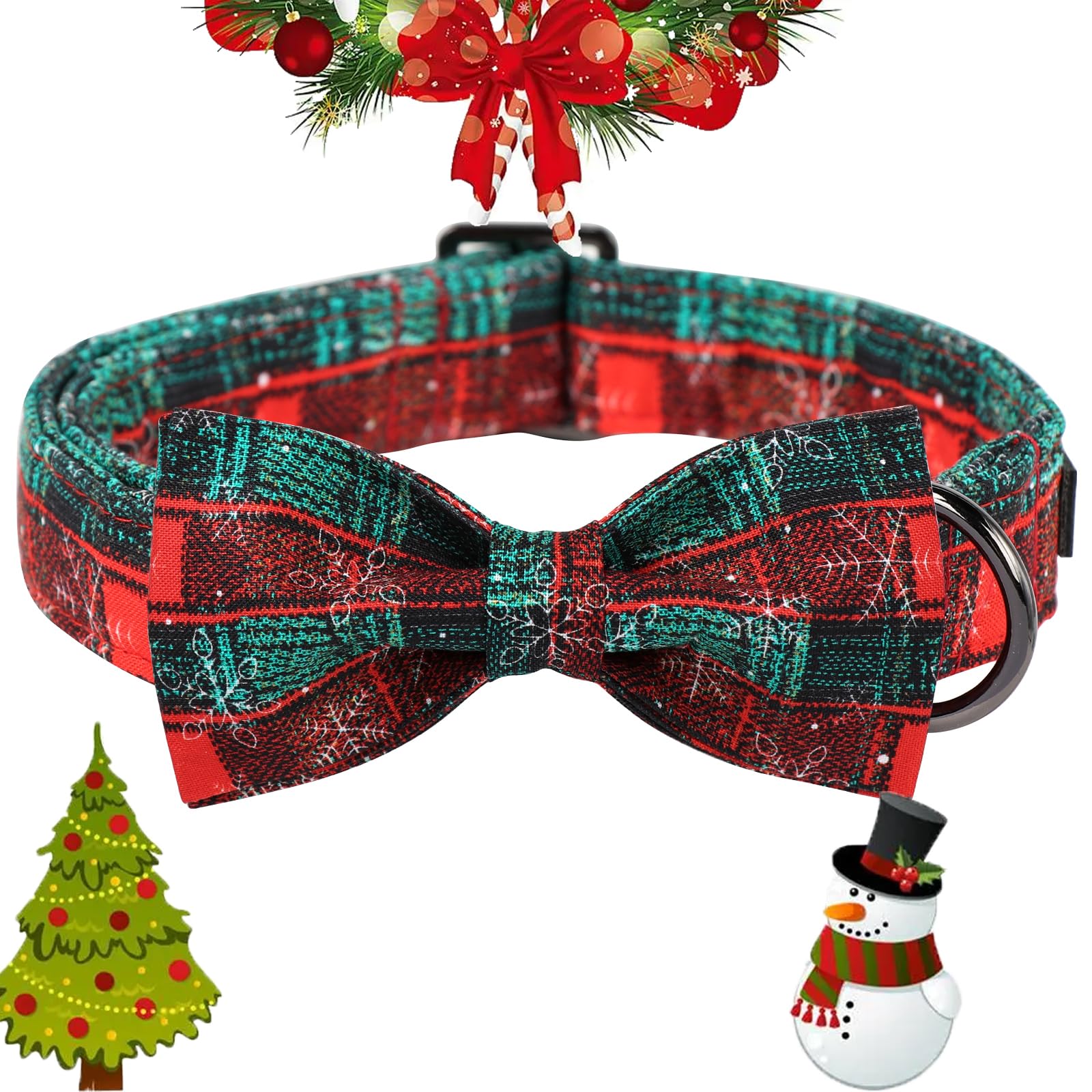 Festive Christmas Plaid Dog Collar with Bow Tie - Soft Cotton Adjustable Collar with Metal Buckle for Small, Medium & Large Dogs - Perfect for Holiday Photos, Parties & Gift Giving