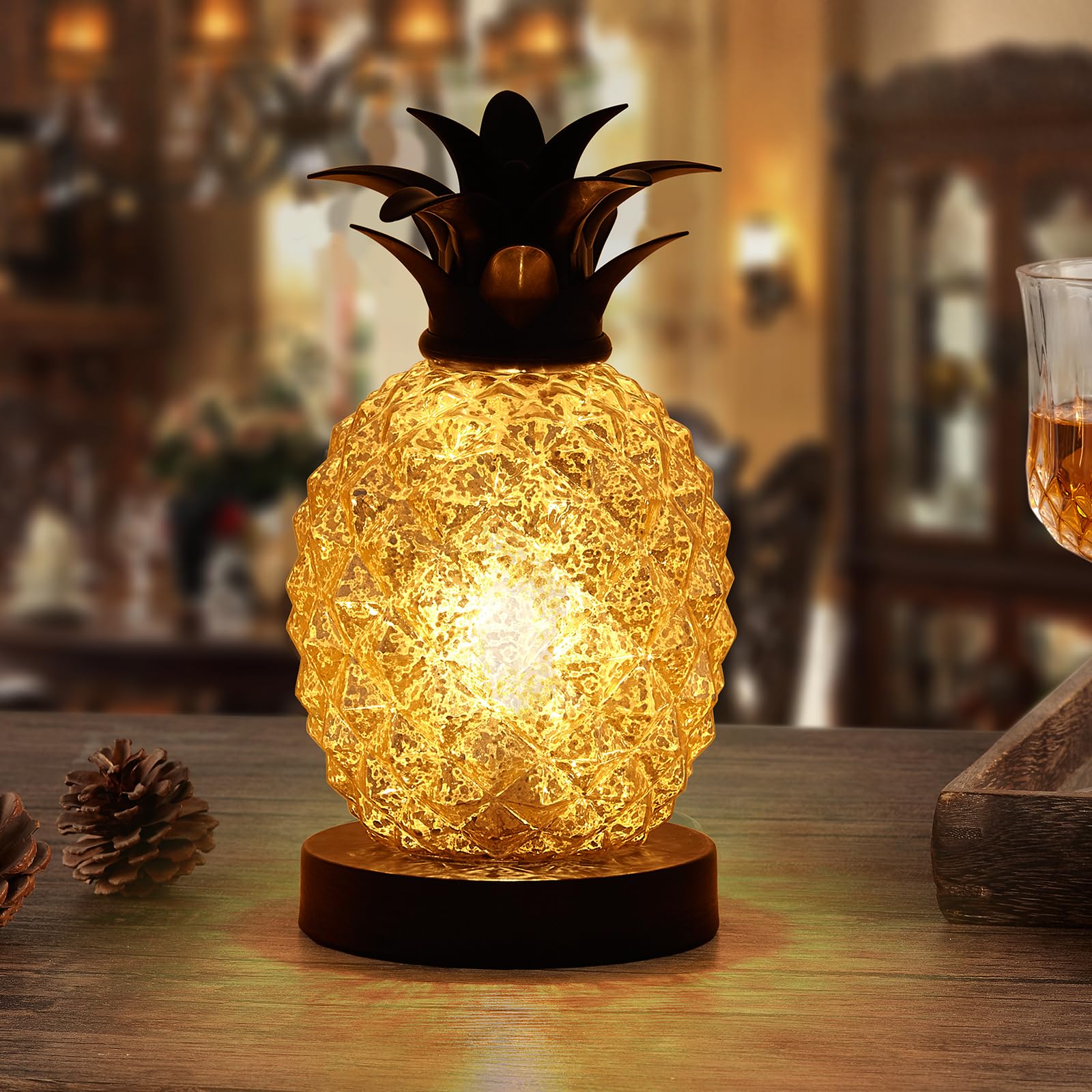 Golden Mercury Glass Pineapple Table Lamp - Elegant Night Light for Bedroom, Living Room, Kids Room, Kitchen & Dorm Decor | Perfect Gift & Festival Decoration (MJ0001)