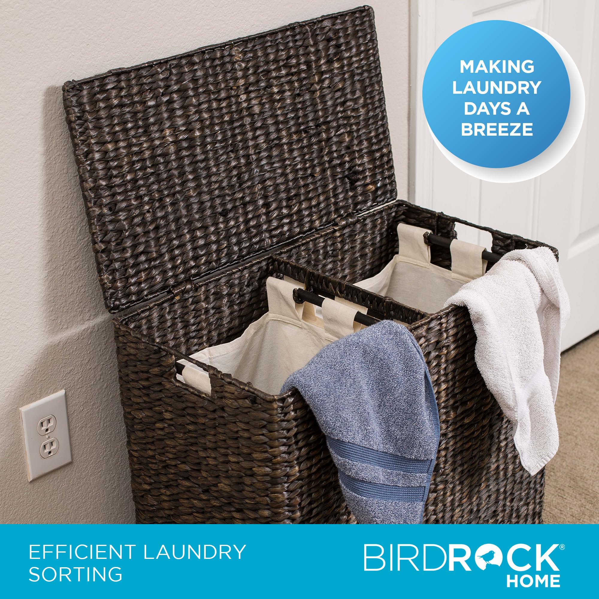 BIRDROCK HOME Handwoven Double Laundry Hamper with Removable Liner Bags & Lid - Espresso Woven Laundry Basket for College Dorm, Bathroom, Bedroom Storage | Perfect for Clothes Organization & Home Essentials