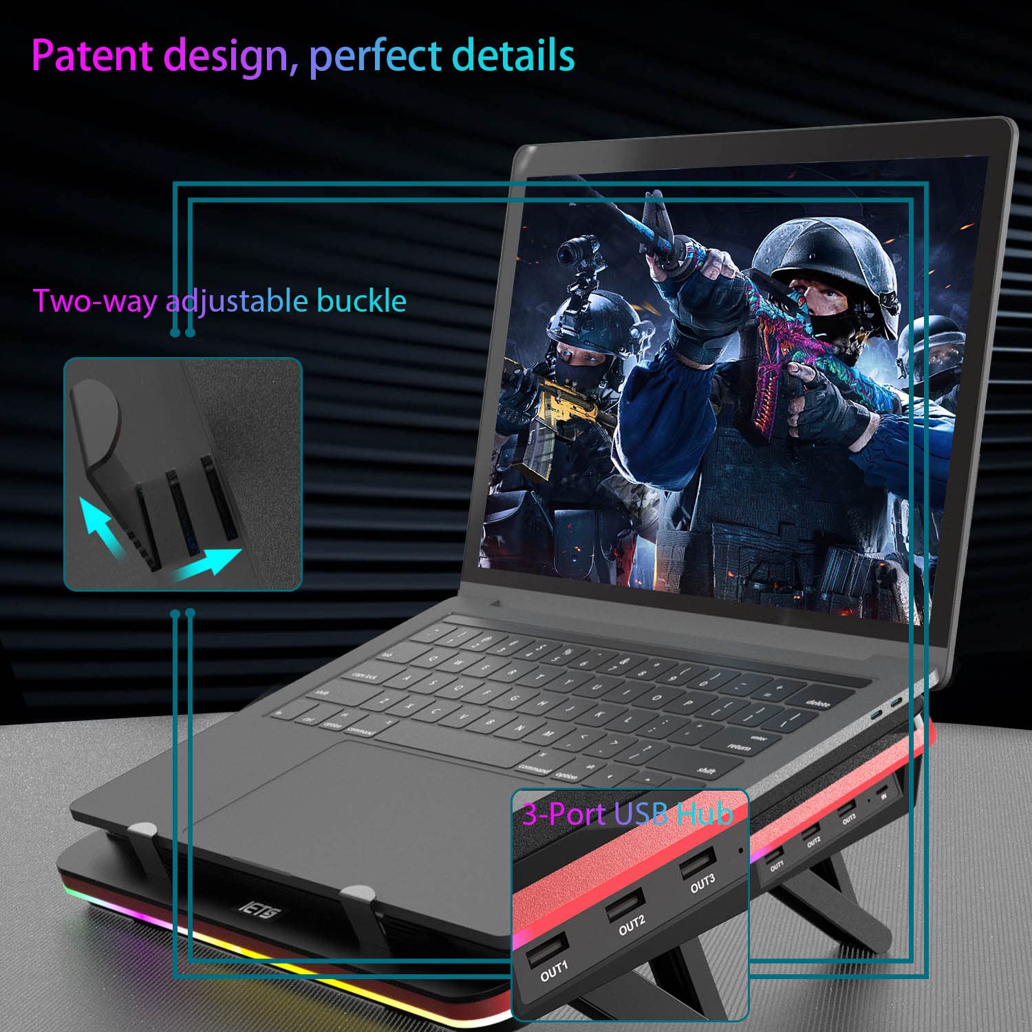 IETS GT500 High-Speed Laptop Cooling Pad with 5000 RPM Turbo Fan, RGB Lighting & 3-Port USB Hub - Adjustable Speed for 13-17.3 Inch Gaming Laptops - Perfect for Intense Gaming, Video Editing & Overheating Prevention