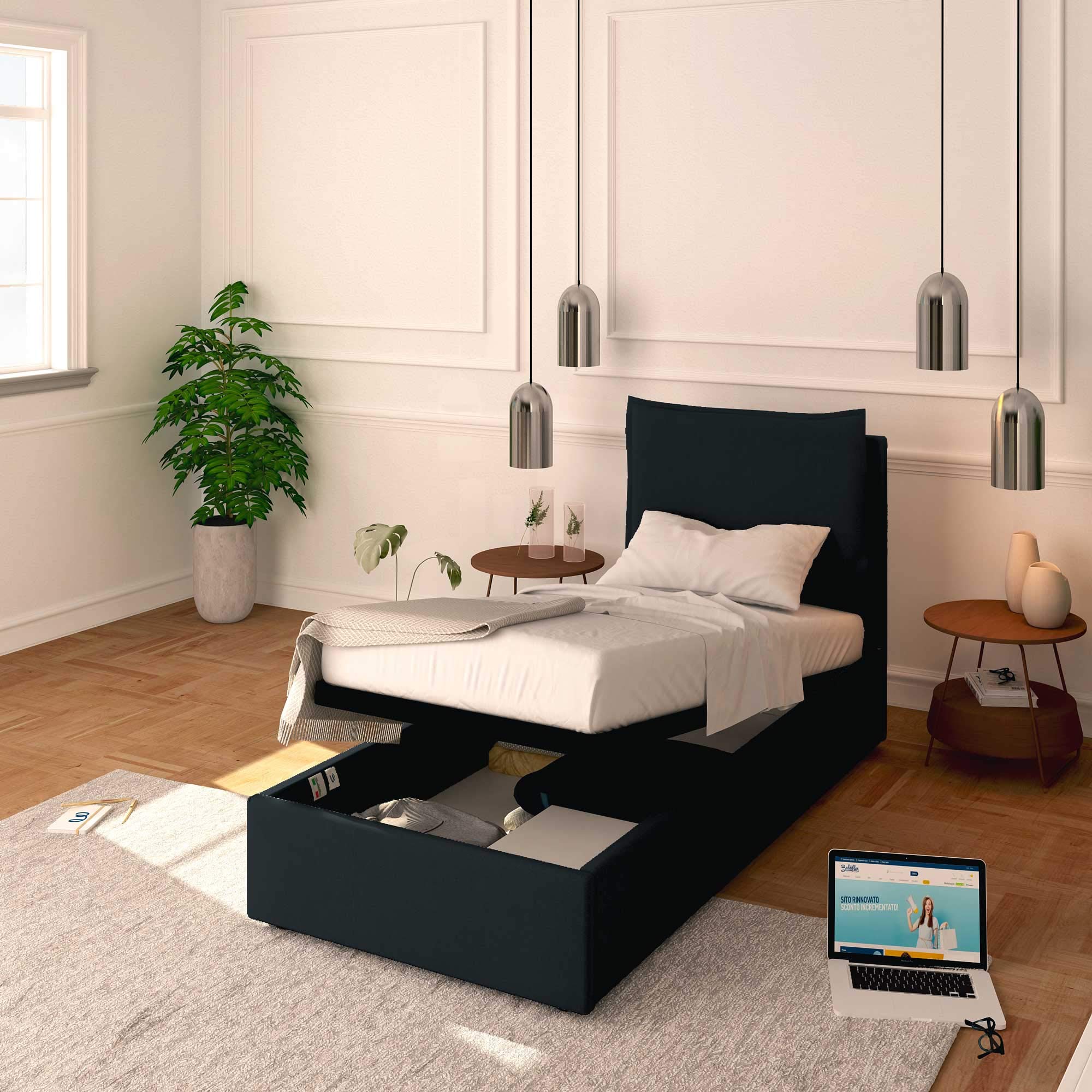 Baldiflex Single Bed Frame with Storage, Licia Fabric Model, Slatted Base for Single Mattresses, 80 x 190 cm, Thin Padded Headboard, Black - Perfect for Small Bedrooms, Guest Rooms & Studio Apartments