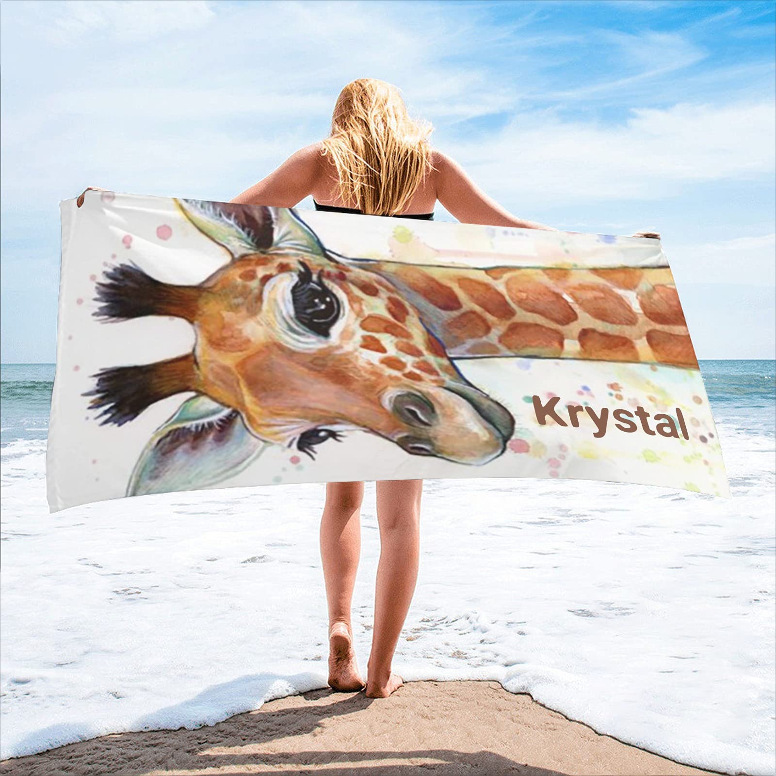 Custom Personalized Giraffe Watercolor Beach Towel - 30x60 Inch Double Sided Printed Bath Towel for Women, Men & Kids | Perfect for Pool, Beach, Spa & Travel Gifts