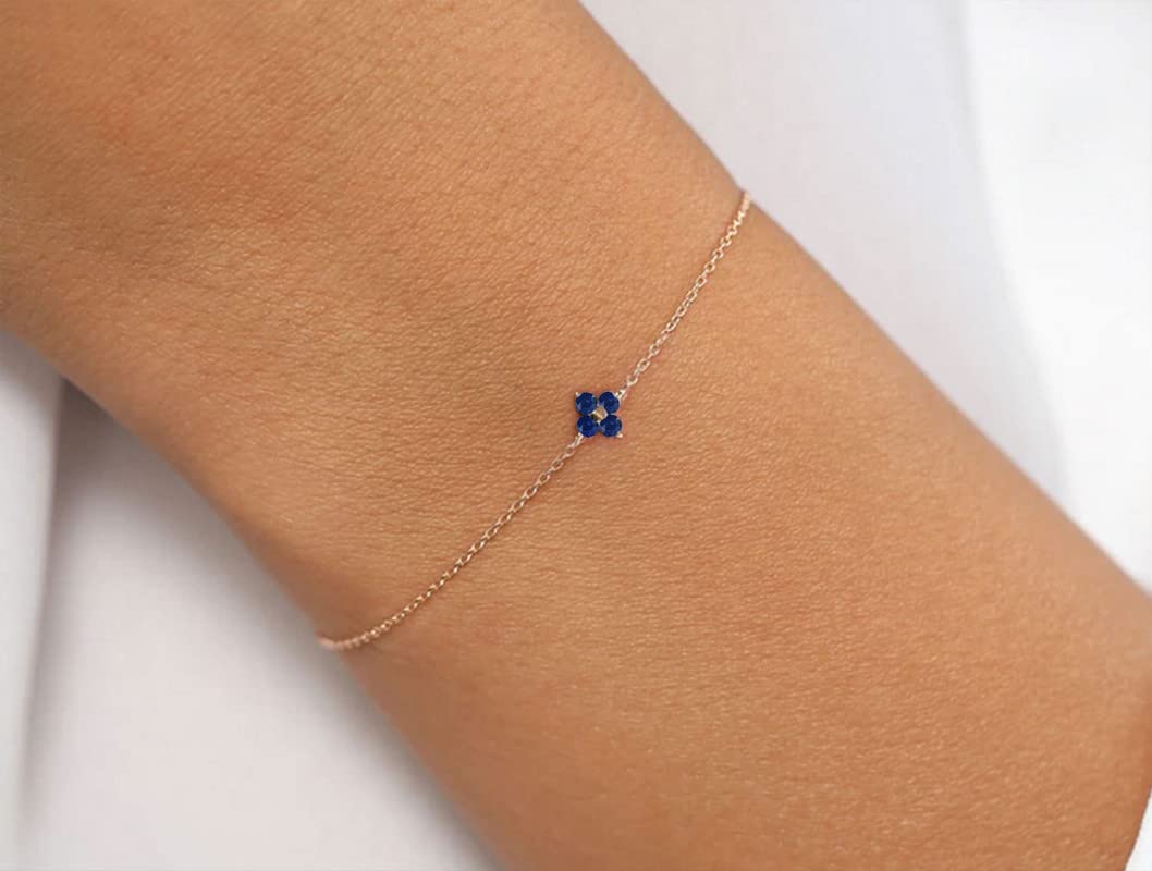 14K Yellow Gold Plated Round Cut Blue Sapphire Flower Bracelet for Women - Elegant 4 Stone Chain Bracelet Jewelry Gift for Her - Perfect for Weddings, Anniversaries & Special Occasions
