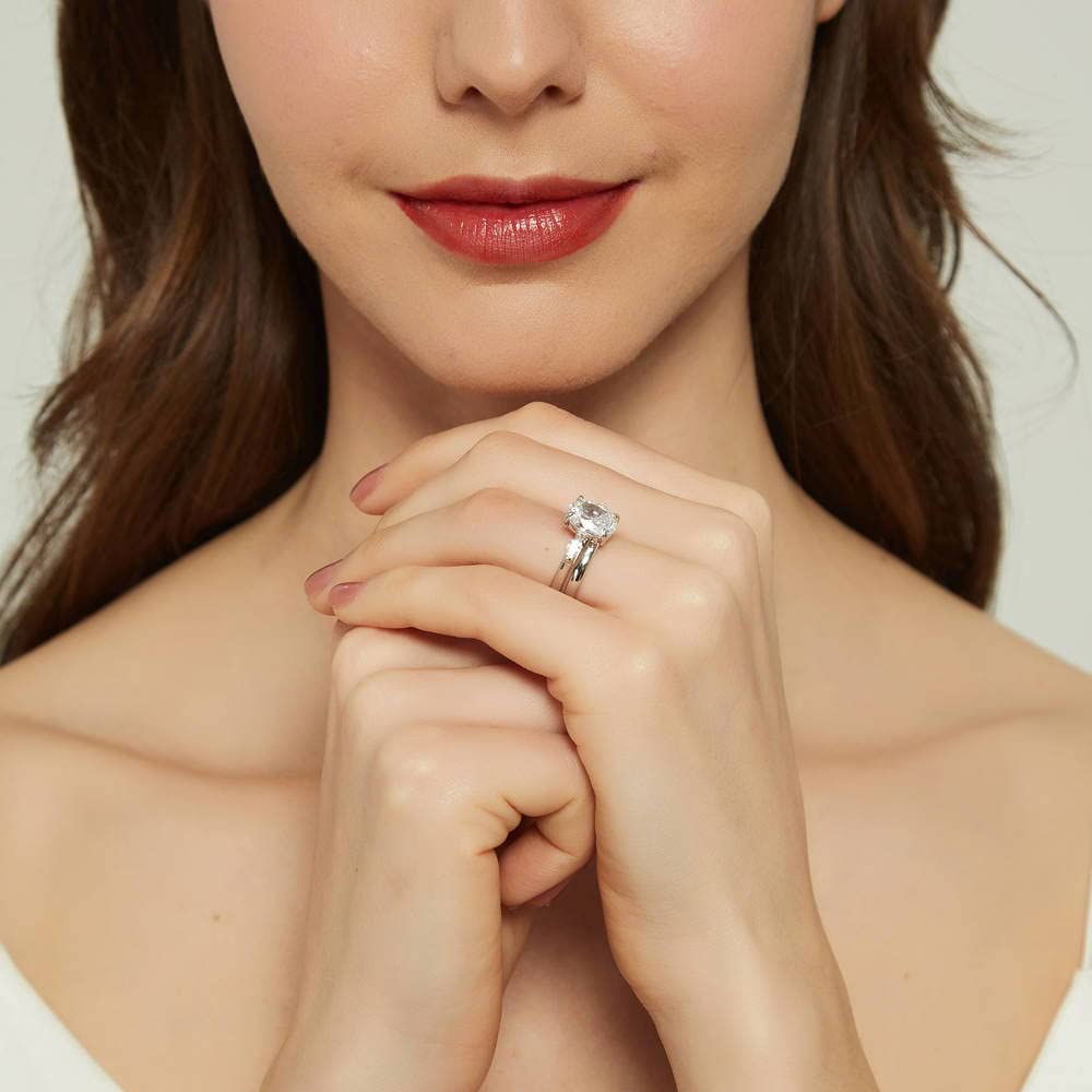 BERRICLE Sterling Silver 3-Stone Oval Cut Cubic Zirconia Engagement Ring Set for Women, 2.5 Carat CZ Wedding Band, Rhodium Plated Size 4-10 - Perfect for Proposals, Anniversaries & Bridal Jewelry