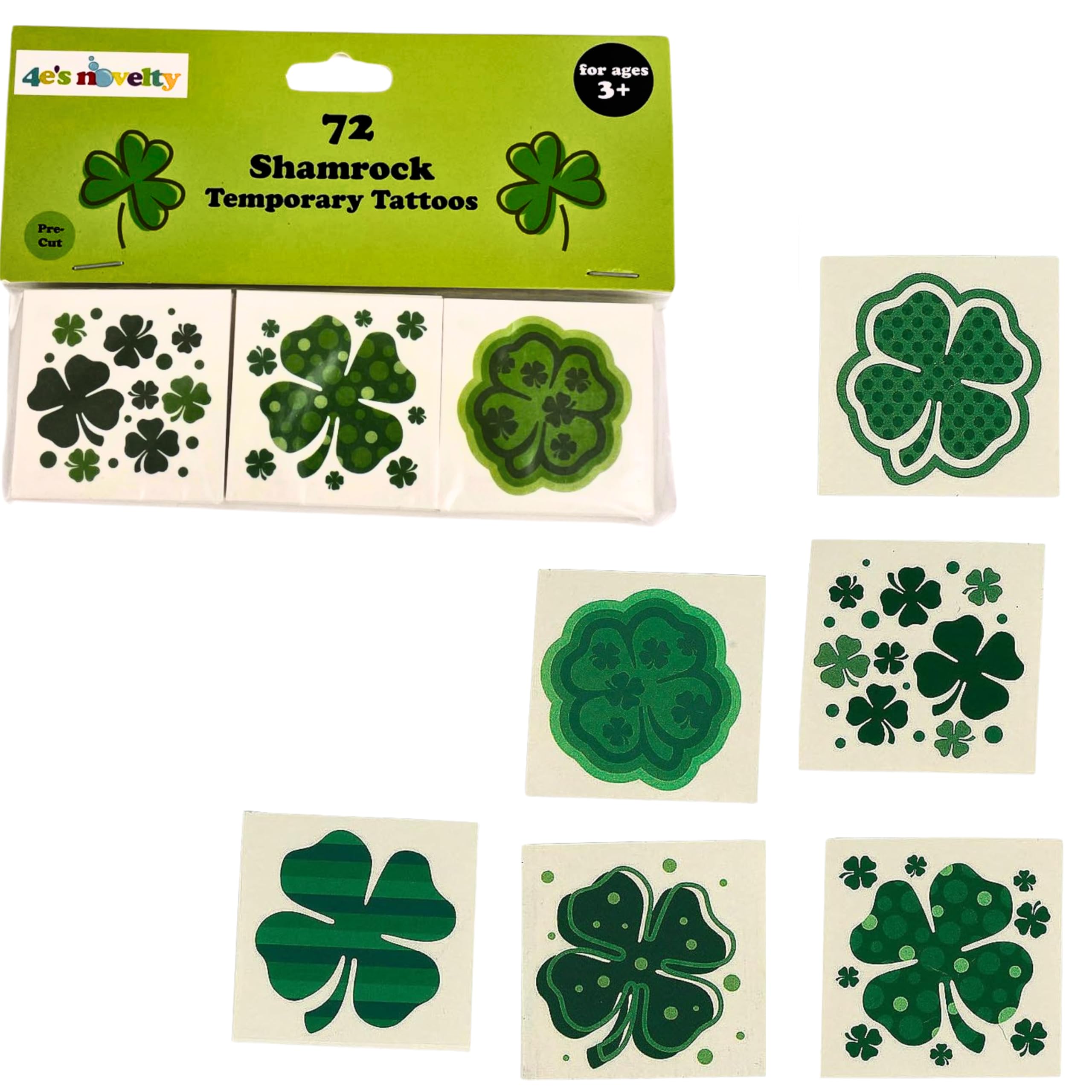 4E's Novelty Shamrock Temporary Tattoos - 72 Individually Wrapped St. Patrick's Day Tattoos for Kids & Adults | Irish Party Favors, Face & Body Art | Perfect for St. Paddy's Day Celebrations, Irish-Themed Parties & Festive Gift Giving