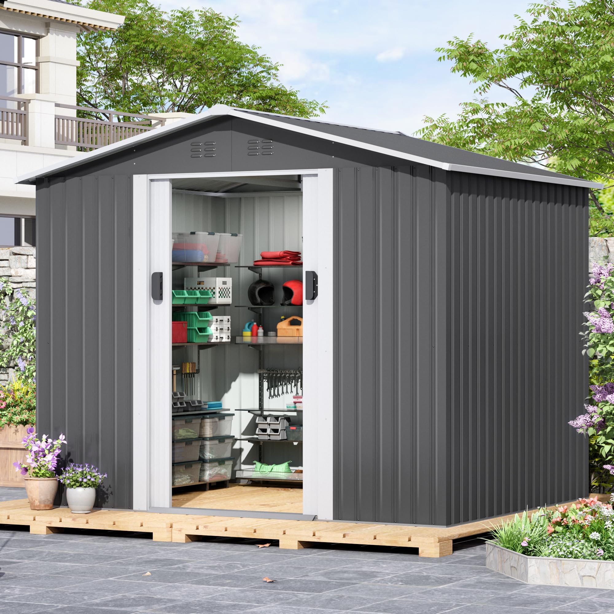 JAXPETY 6'x8' Large Metal Outdoor Storage Shed with Sliding Doors & Lock - Weatherproof Garden Shed for Backyard, Patio, Lawn - Perfect for Storing Tools, Equipment & Seasonal Items (Gray)