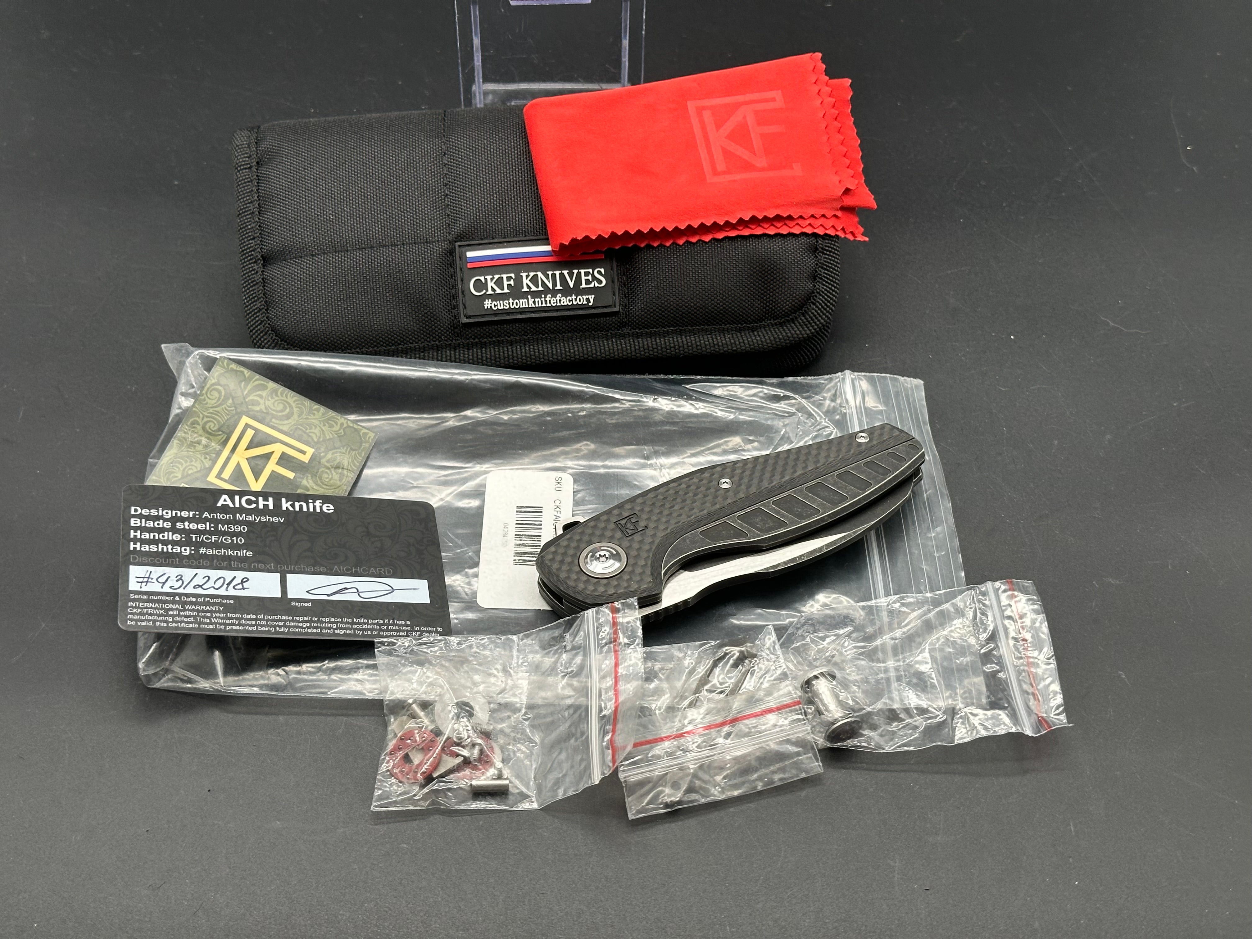 CKF Aich #43 Folding Knife - Two Tone Black Stonewashed & Hand Rubbed Satin M390 Blade - EDC Pocket Knife for Outdoor, Camping, and Everyday Carry