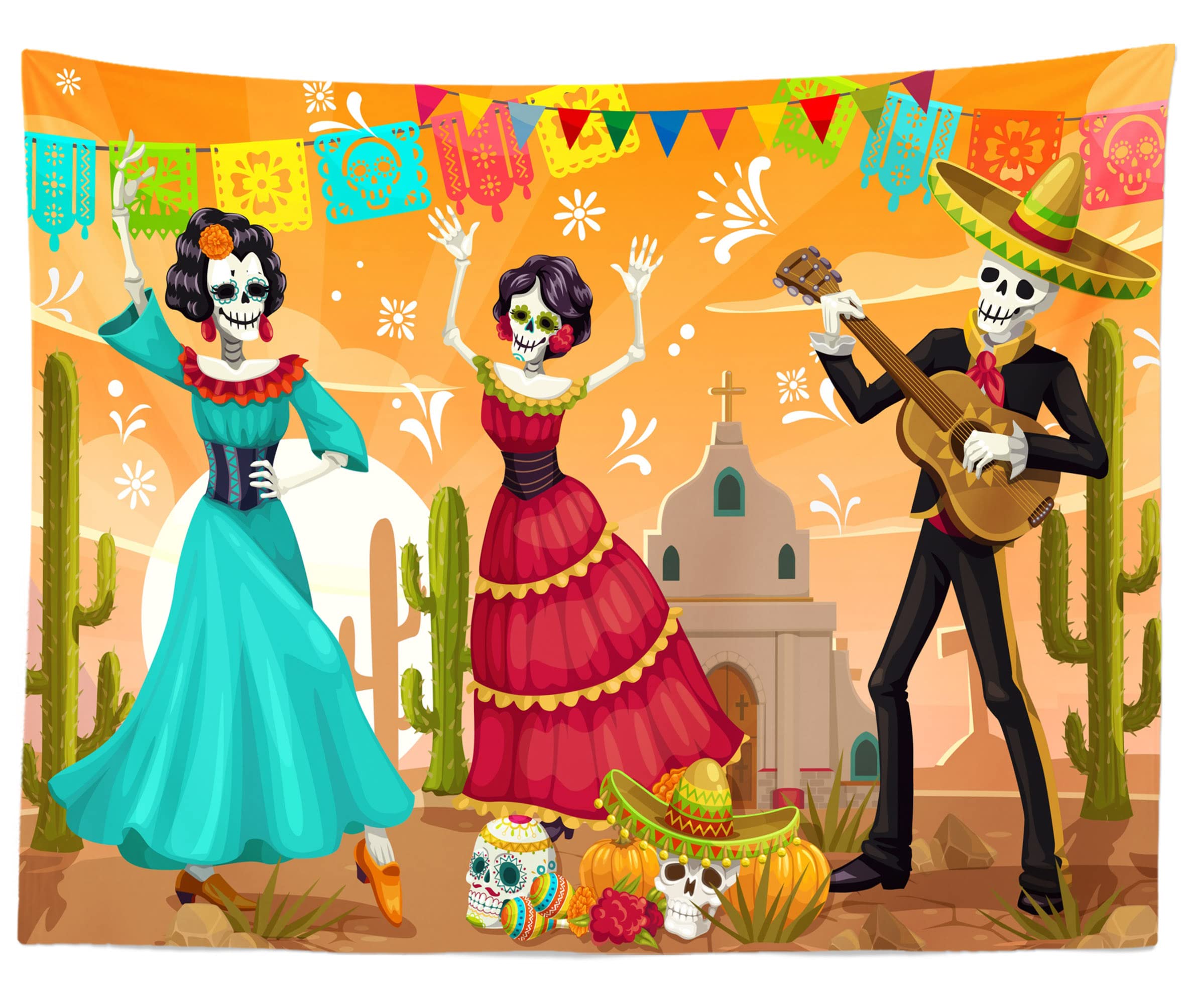 5x3ft Day of The Dead Backdrop - Catrina Skeletons, Flamenco Dancer & Sugar Skull Design with Marigold Flowers - Photography Background for Dia De Los Muertos Party, Fiesta Decor & Photo Props - Perfect for Halloween, Cinco de Mayo & Themed Events