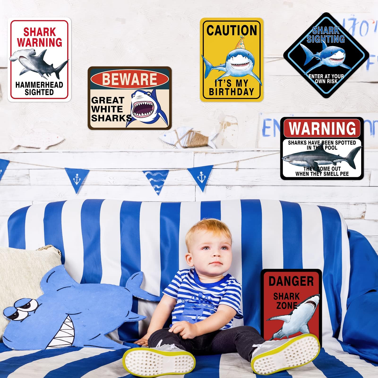 WERNNSAI Shark Zone Party Decorations - 9 PCS Shark Birthday Wall Decor, Posters & Warning Signs for Boys Kids Ocean Theme Party Supplies | Perfect for Underwater Birthday, Baby Shower & Classroom Decor