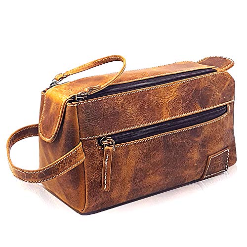 Premium Leather Travel Toiletry Bag for Men & Women - Waterproof Dopp Kit, Makeup Pouch & Cosmetic Organizer Case (Tan) - Perfect for Business Trips, Vacation & Gym Essentials Storage