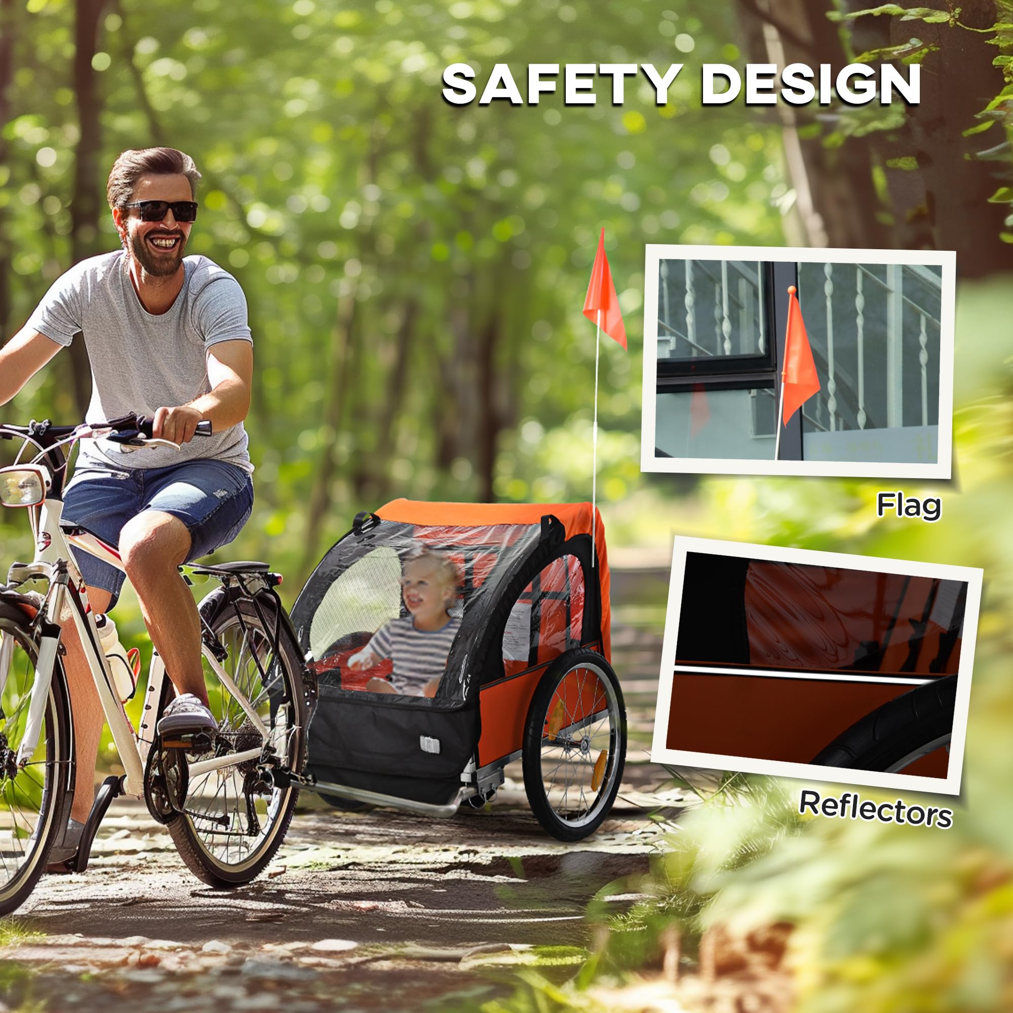 Aosom Heavy Duty Double Bike Trailer for Kids & Toddlers - Steel Frame Bicycle Cargo Carrier with 5-Point Safety Harness, Weatherproof Cover, Reflective Stripes & Safety Flag - Perfect for Family Cycling, Grocery Trips & Outdoor Adventures