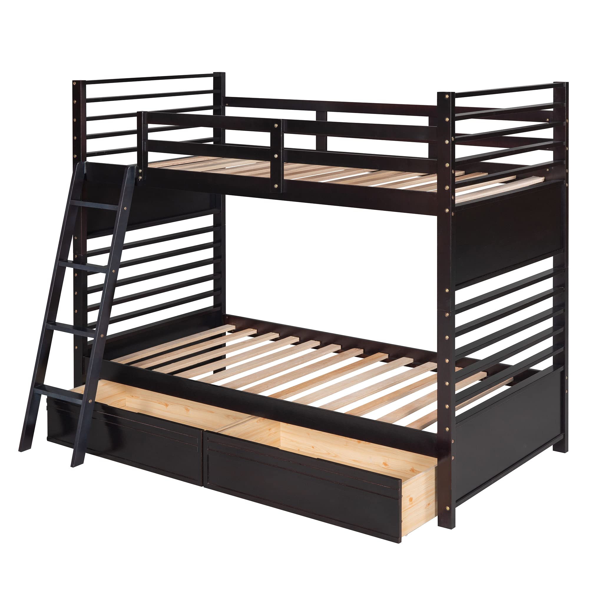 P PURLOVE Twin Over Twin Wood Bunk Bed Frame with 2 Storage Drawers & Removable Ladder - Converts to 2 Single Beds - No Box Spring Needed - Espresso Finish - Perfect for Kids, Teens & Small Bedrooms