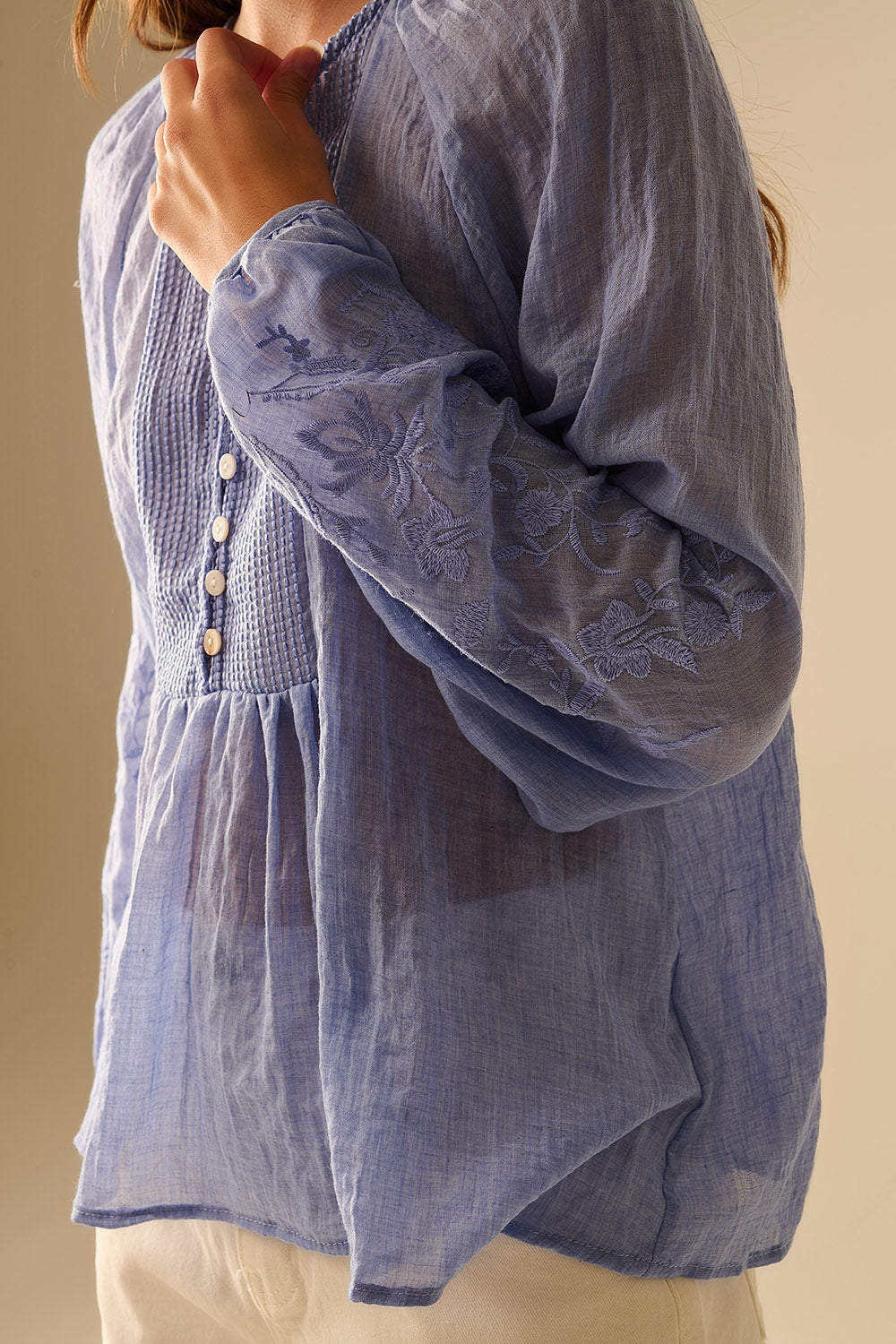 Blue Silk Chiffon Blouse with Embroidered Sleeves - Elegant Women's Top for Office Wear, Parties & Special Occasions