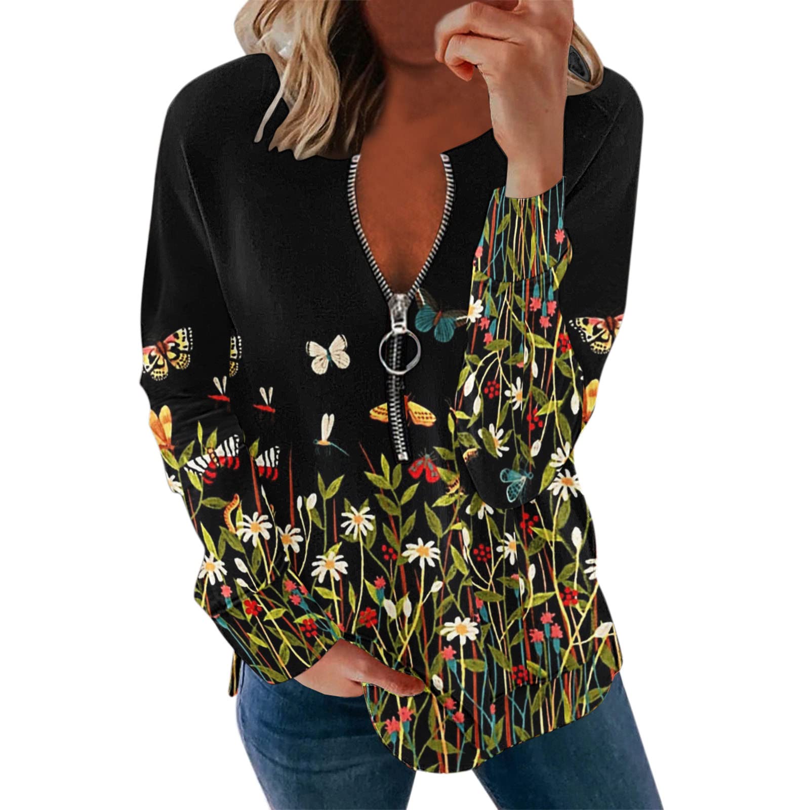 Women's Floral Print Cropped Long Sleeve Blouse with Zipper - Casual Fashion Tops for Spring & Fall - Perfect for Layering, Date Nights, and Office Wear