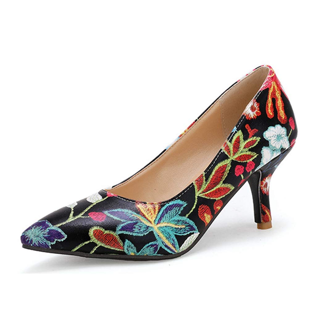 Mioke Women's Retro Embroidered Floral Kitten Heel Pumps - Pointed Toe Slip-On Stiletto Dress Shoes for Wedding, Party & Office Wear - Elegant Vintage Style Ladies Dress Pumps