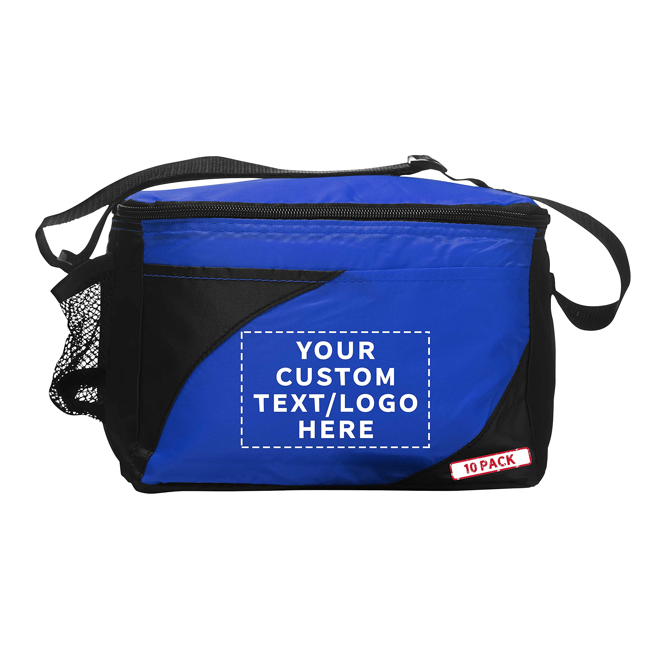 10 Pack Insulated Cooler Lunch Bags with Front & Side Pockets - Custom Text/Logo - Perfect for School, Work, Picnics & Outdoor Activities - Blue