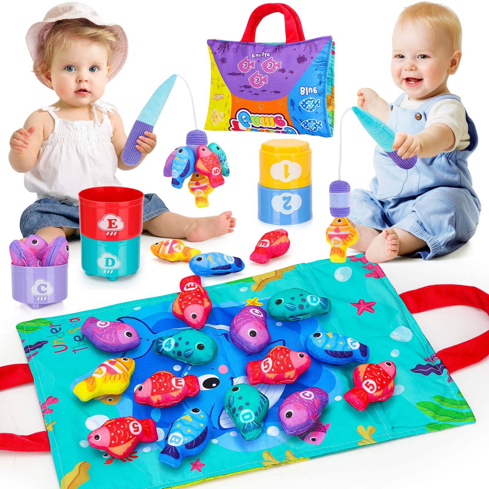Montessori Toys for 1-2 Year Olds - 23pcs Cloth Fishing Game with Stacking Cups | Learning & Sorting Toys for Toddlers | Perfect Birthday Gift for Babies