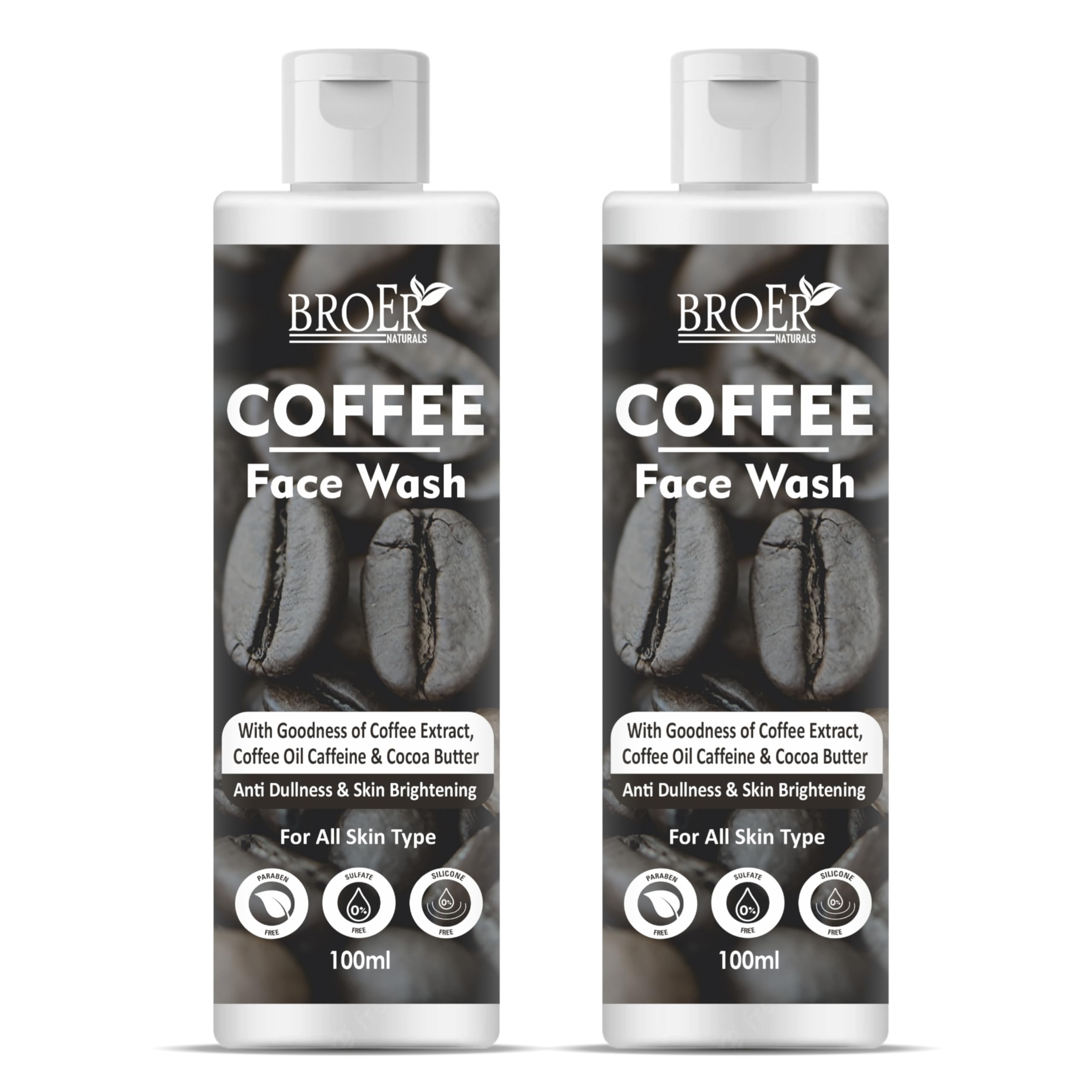 BROER Caffeine Face Wash with Aloe Vera & Cocoa Butter - Deep Cleansing Vegan Facial Cleanser for All Skin Types - Paraben & SLS Free - 200ml (Pack of 2) - Perfect for Morning Routine & Post-Workout Refresh