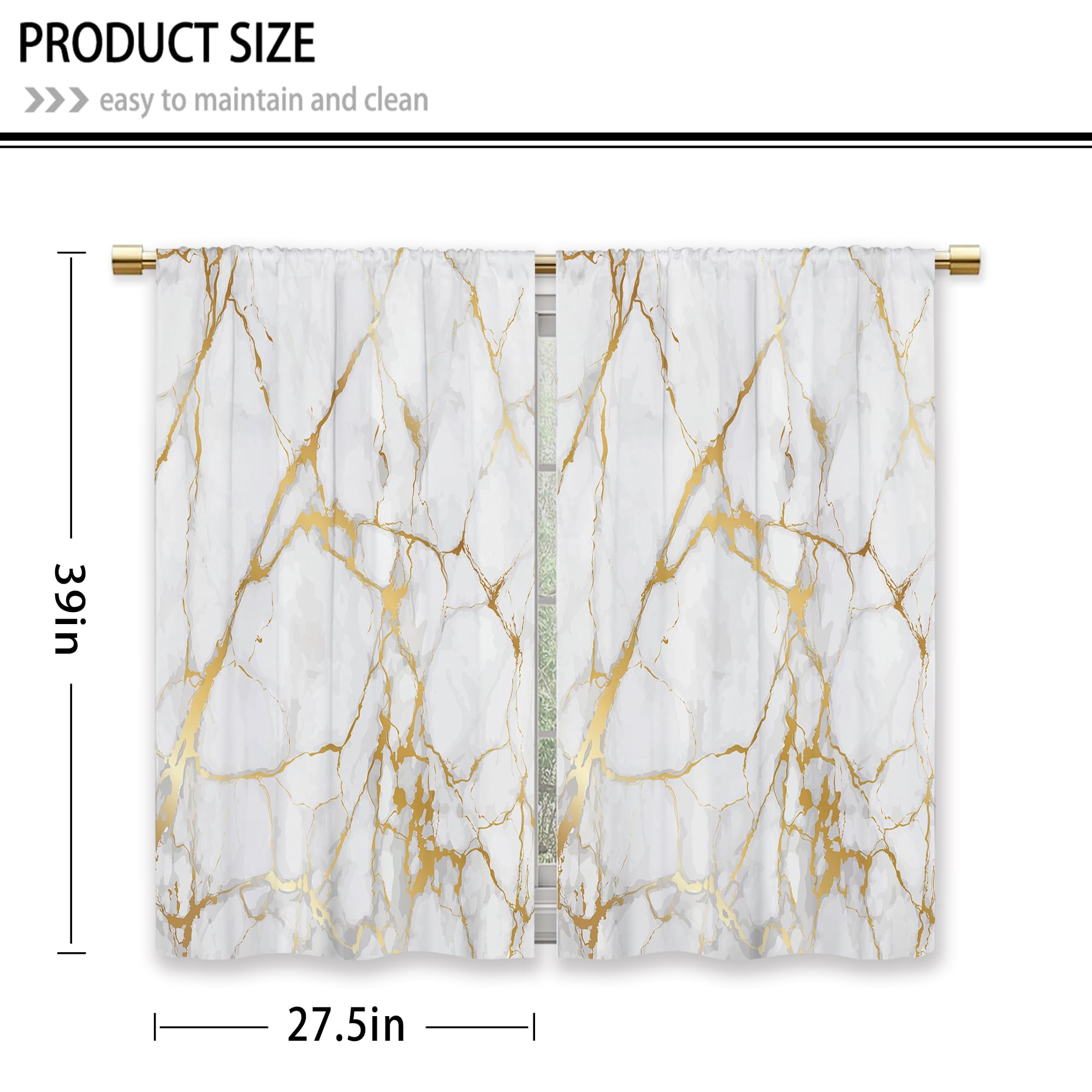 Luxury Gold Marble Kitchen Curtains - Modern Abstract Golden Short Cafe Window Drapes with White Texture & Rod Pocket - Bathroom Tier Curtains Set of 2 Panels (27.5x39 Inch) - Perfect for Kitchen, Cafe, Bathroom & Living Room Decor