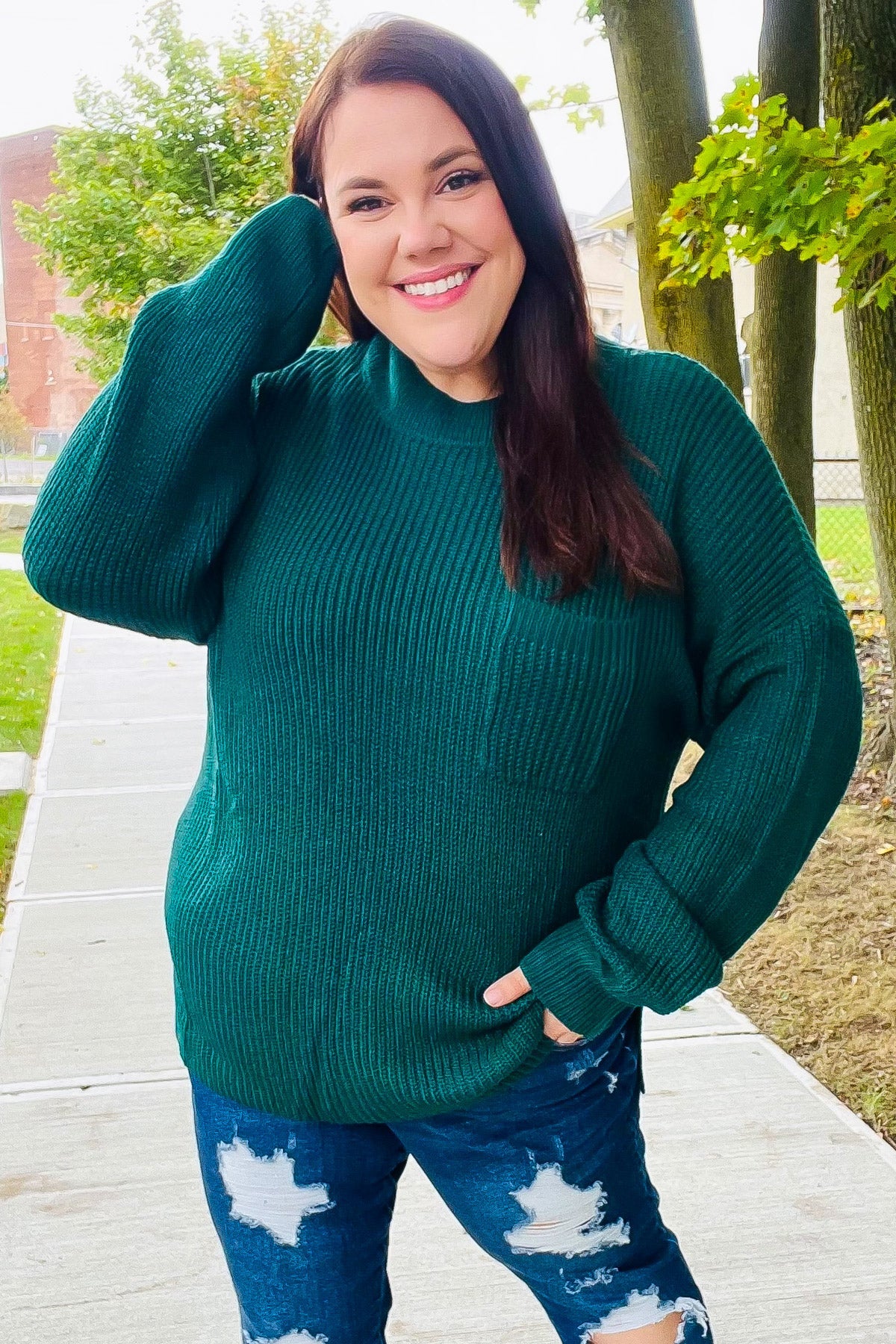 Stylish Hunter Green Mock Neck Knit Sweater with Chest Pocket - Cozy Winter Wear for Women | Perfect for Casual Outings & Office Attire
