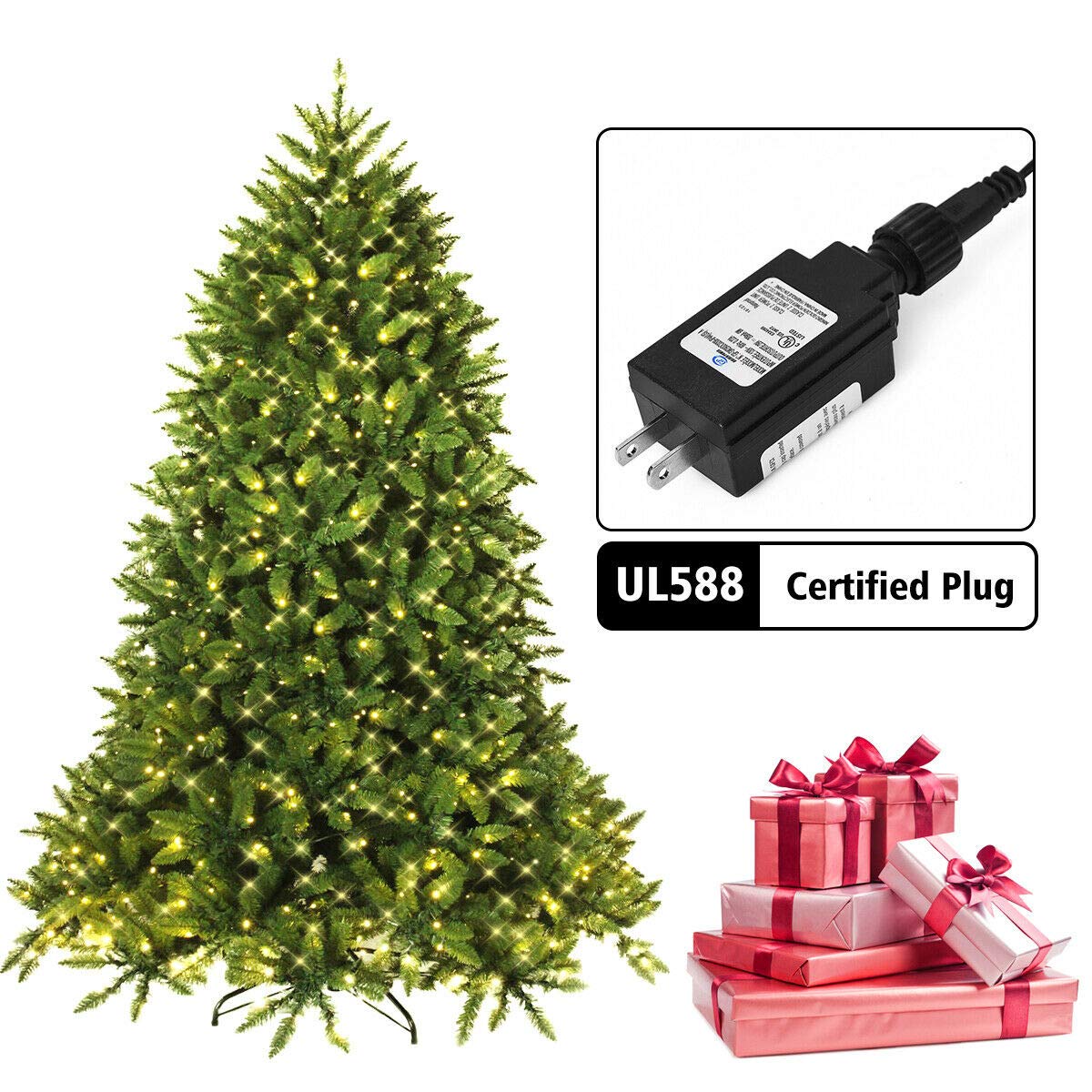 Goplus 7.5ft Pre-Lit Christmas Tree with 600 LED Lights - Premium Hinged Artificial Fir Tree with Metal Stand - Easy Assembly Holiday Decor for Home, Office & Party Decorations
