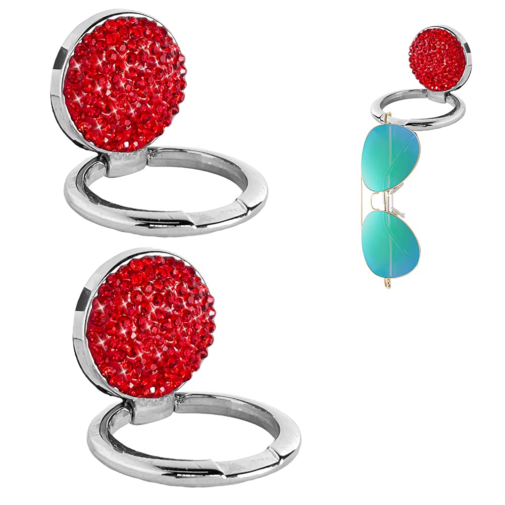2 Pack Bling Sunglasses Holder & Mask Holder - Shiny Metal Alloy Eyeglasses Hook for Car, Boat, RV, Truck - Crystal Rhinestone Red Bling Car Accessories for Women & Girls - Perfect for Organizing Glasses & Masks While Driving, Traveling or Commuting (Red)