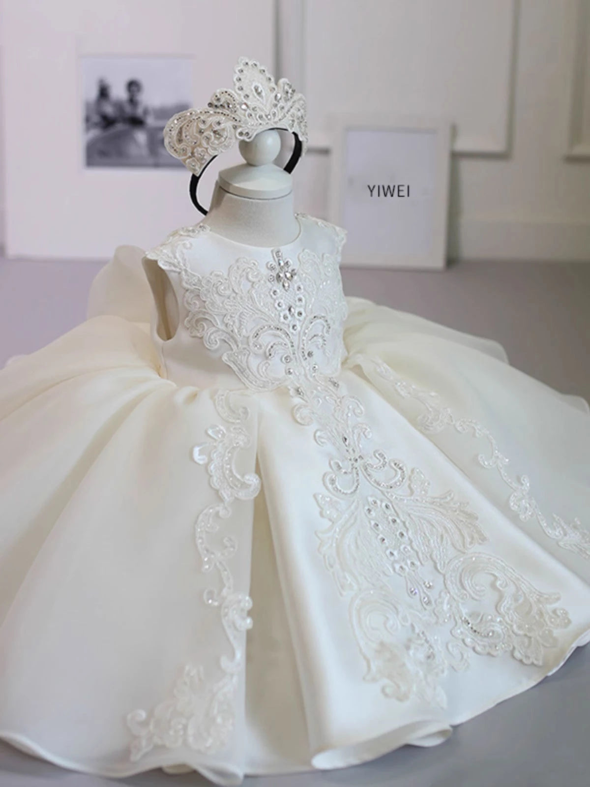 Ivory Princess Round Tea Length Satin Flower Girl Dress - Perfect for Weddings, Birthday Parties & Special Occasions