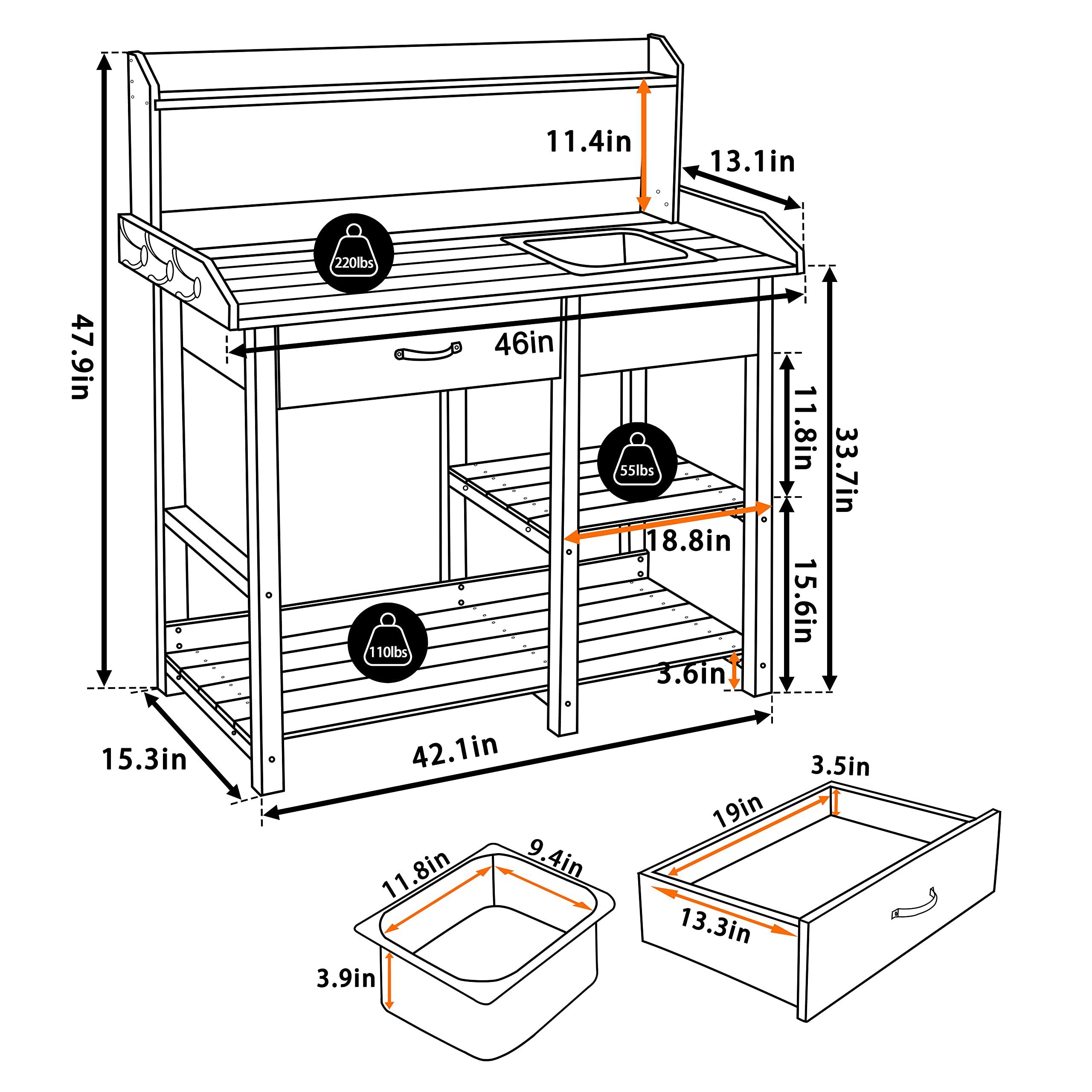 VEIKOU Outdoor Potting Bench with Stainless Steel Sink, Drawer & Storage Shelves - Heavy Duty Garden Work Table for Planting, Gardening - Perfect for Yard, Patio, Greenhouse & Backyard Use