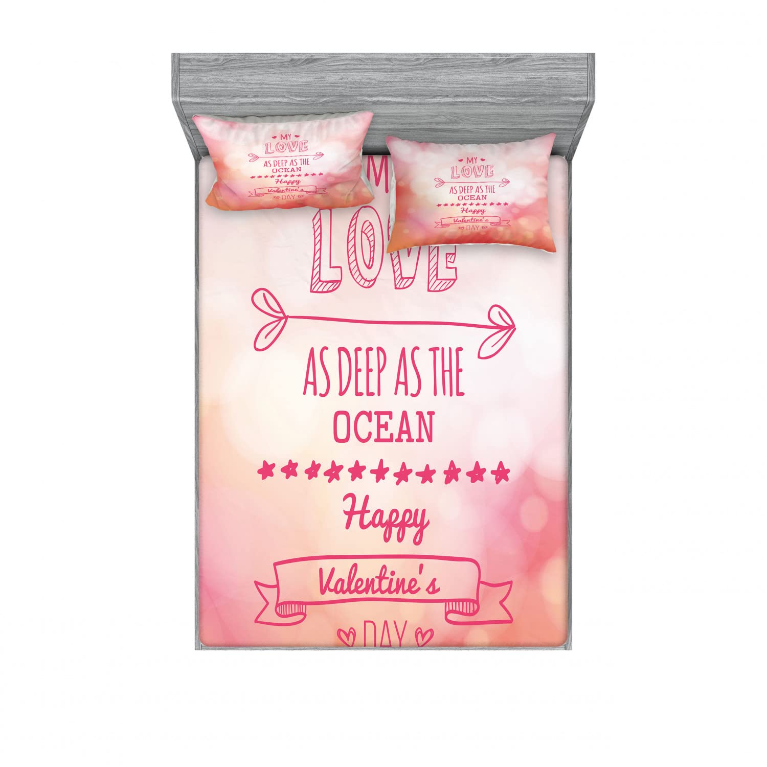 Ambesonne Valentine's Day 2-Pack Queen Size Fitted Sheet & Pillow Sham Set - Pink Love Story Floral Print 4-Piece Bedding Set (2 Fitted Sheets + 4 Pillow Covers) for Romantic Bedroom Decor, Anniversary Gift & Couples Retreat