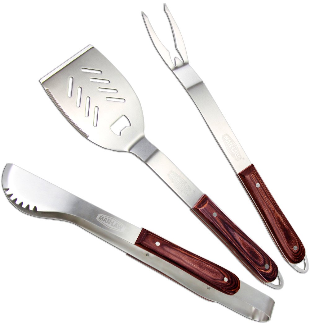 3 Piece BBQ Grill Tool Set with Wooden Handles - Perfect for Outdoor Cooking, Grilling, and Backyard Barbecues