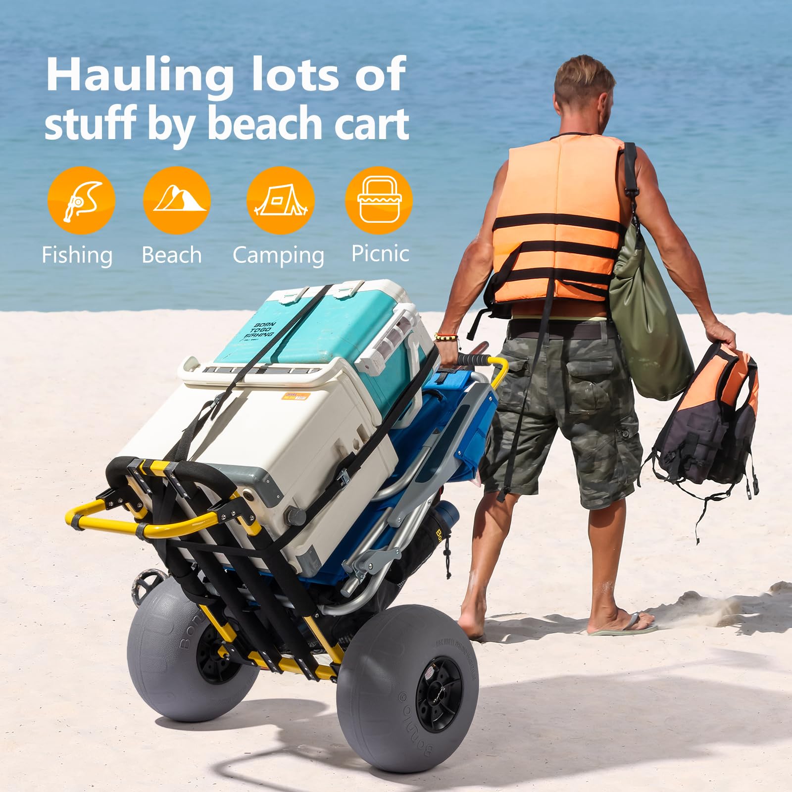 Bonnlo Beach Fishing Cart - Heavy Duty Foldable Beach Wagon with 12