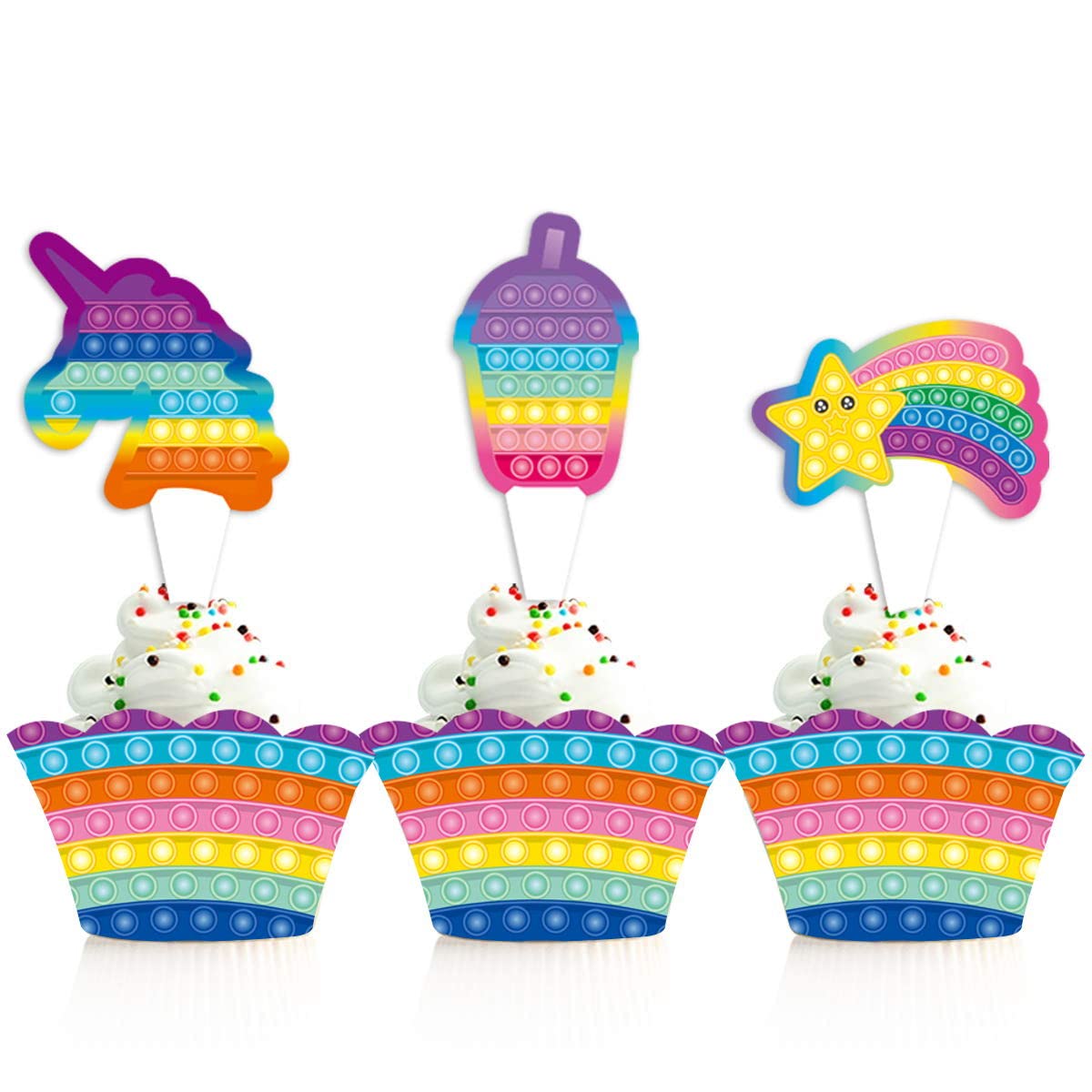 Popping It Push Bubble Cupcake Toppers & Wrappers - 24-Pack Party Supplies for Birthday Celebrations, Baby Showers & Stress Relief Fun