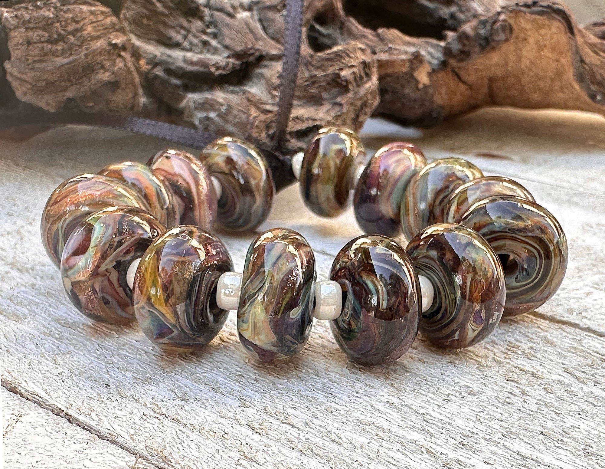 14 Multicolor Brown Swirl Lampwork Glass Beads Set for Jewelry Making - DIY Bracelet, Necklace, Earring Craft Supplies - Perfect for Beaders and Artisans