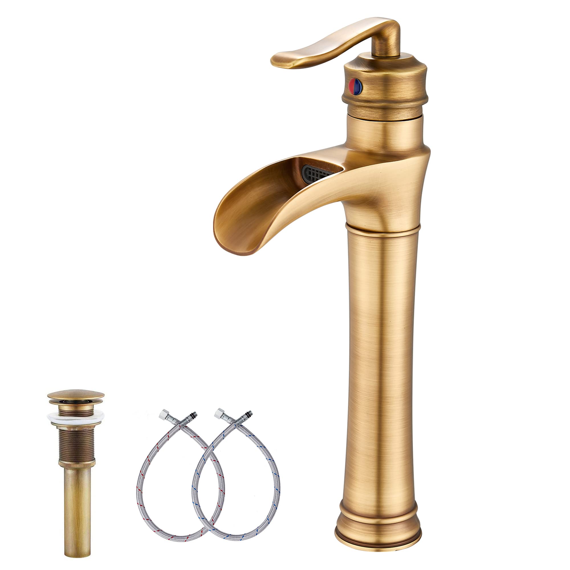 Vintage Brass Waterfall Bathroom Sink Faucet - Single Handle One Hole Vessel Sink Faucet with Matching Pop Up Drain - Farmhouse Style Bathroom Decor for Vanity, Powder Room & Guest Bath Installation