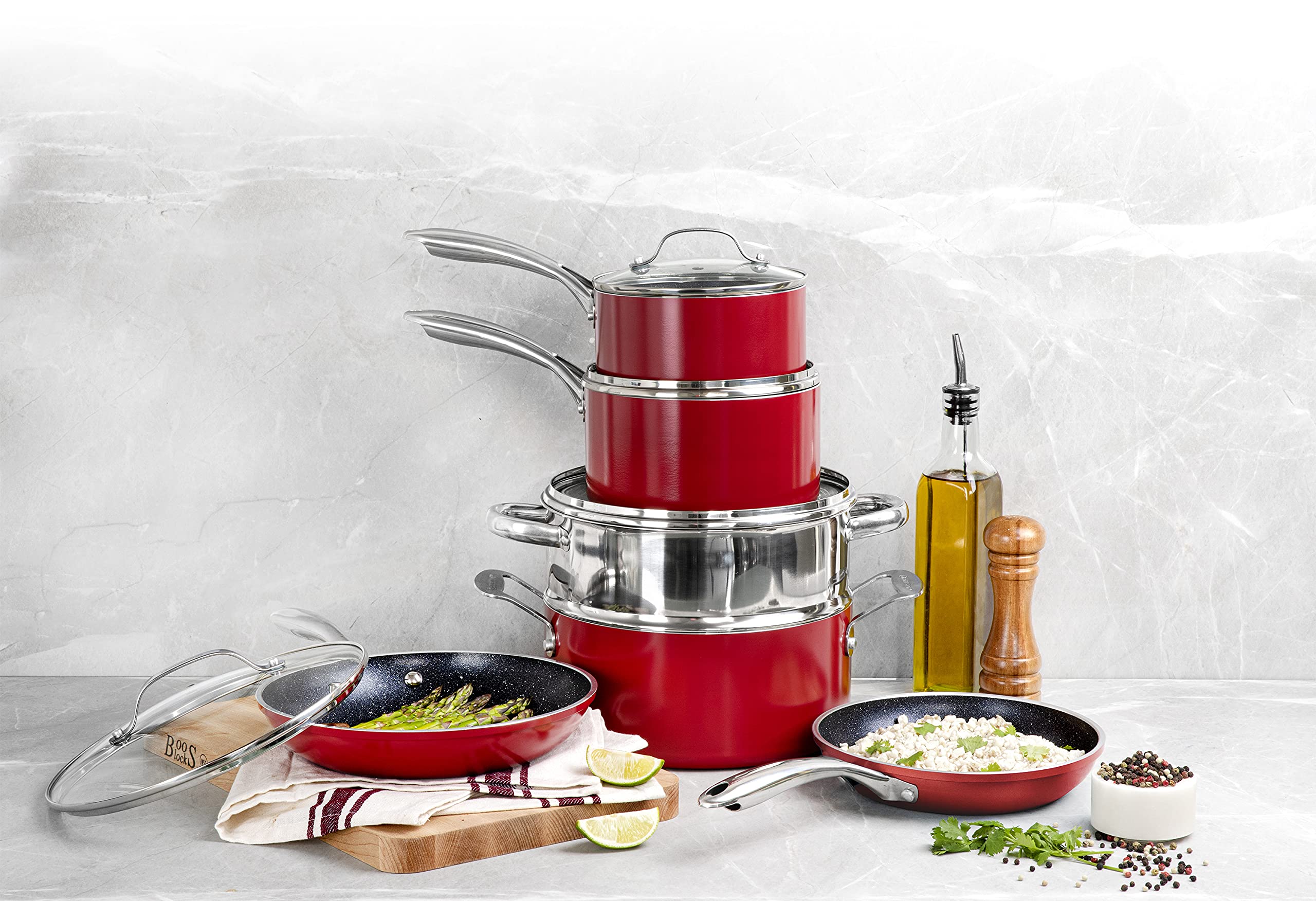 Granite Stone Cookware Set - 12-Piece Nonstick Pots and Pans Set, Red, Durable Scratch-Resistant Kitchen Cookware for Gas & Induction Stovetops - Perfect for Frying, Sautéing, Boiling & Everyday Cooking