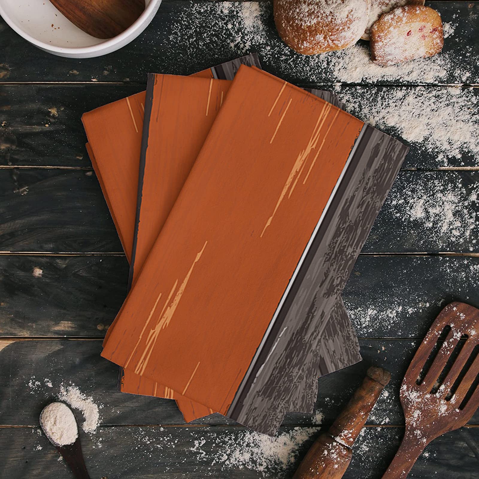 Farmhouse Rustic Kitchen Towels Set of 3 - 16x28 Inch Soft Cotton Dish Cloths, Tea Towels & Hand Towels in Burnt Orange & Grey - Perfect for Farmhouse Decor, Kitchen Cleaning & Bar Use