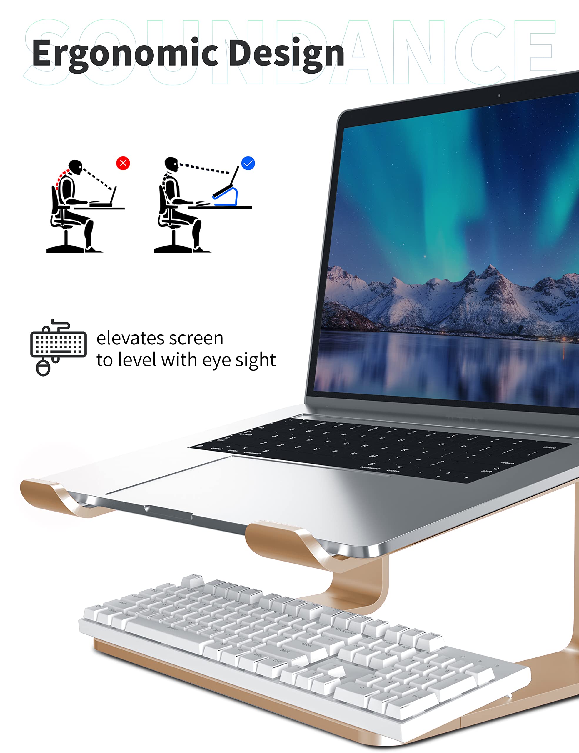 SOUNDANCE Aluminum Laptop Stand for 10-15.6 Inch Notebooks - Ergonomic Computer Riser & Desk Organizer - Gold Metal Holder for MacBook, Dell, HP (Home Office & Workspace Setup)