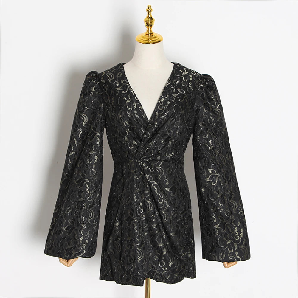 Black Print Floral Women's V-Neck Lantern Sleeve High Waist Ruched Mini Dress - Elegant Party, Date Night & Cocktail Attire for Women 2023 Fashion