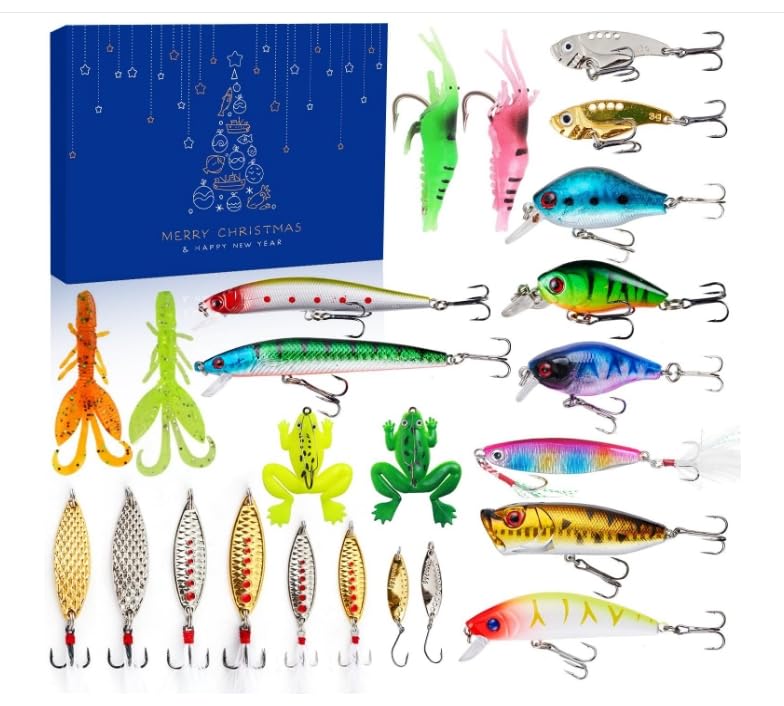 2024 Fishing Advent Calendar - 24 Days Countdown Fishing Lures Set with Christmas Surprise Gifts for Men, Women, Teens | Perfect for Holiday Countdown, Stocking Stuffers & Fishing Enthusiasts (Blue 001)